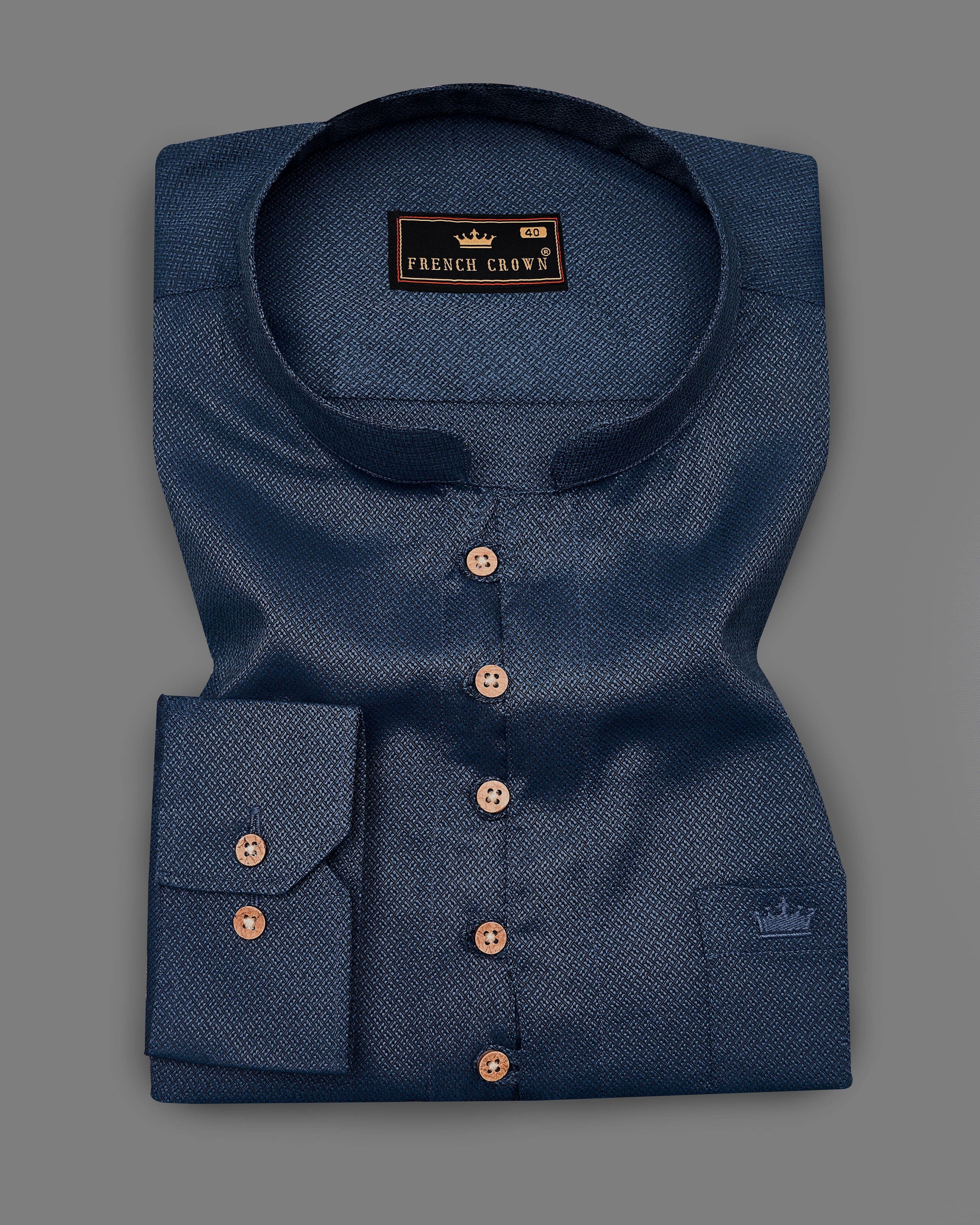 Biscar Navy Blue Dobby Textured Premium Giza Cotton Kurta Shirt