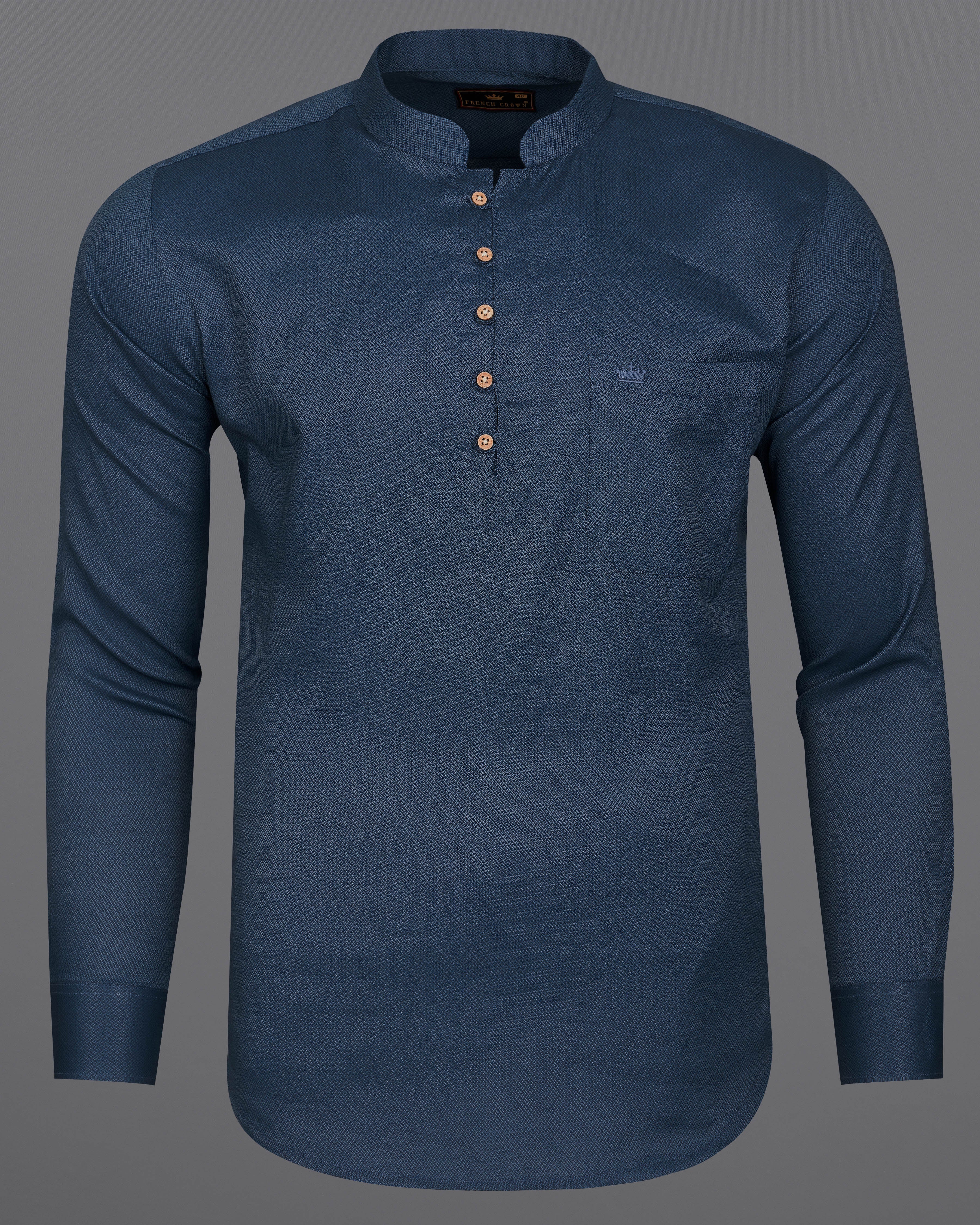 Biscar Navy Blue Dobby Textured Premium Giza Cotton Kurta Shirt