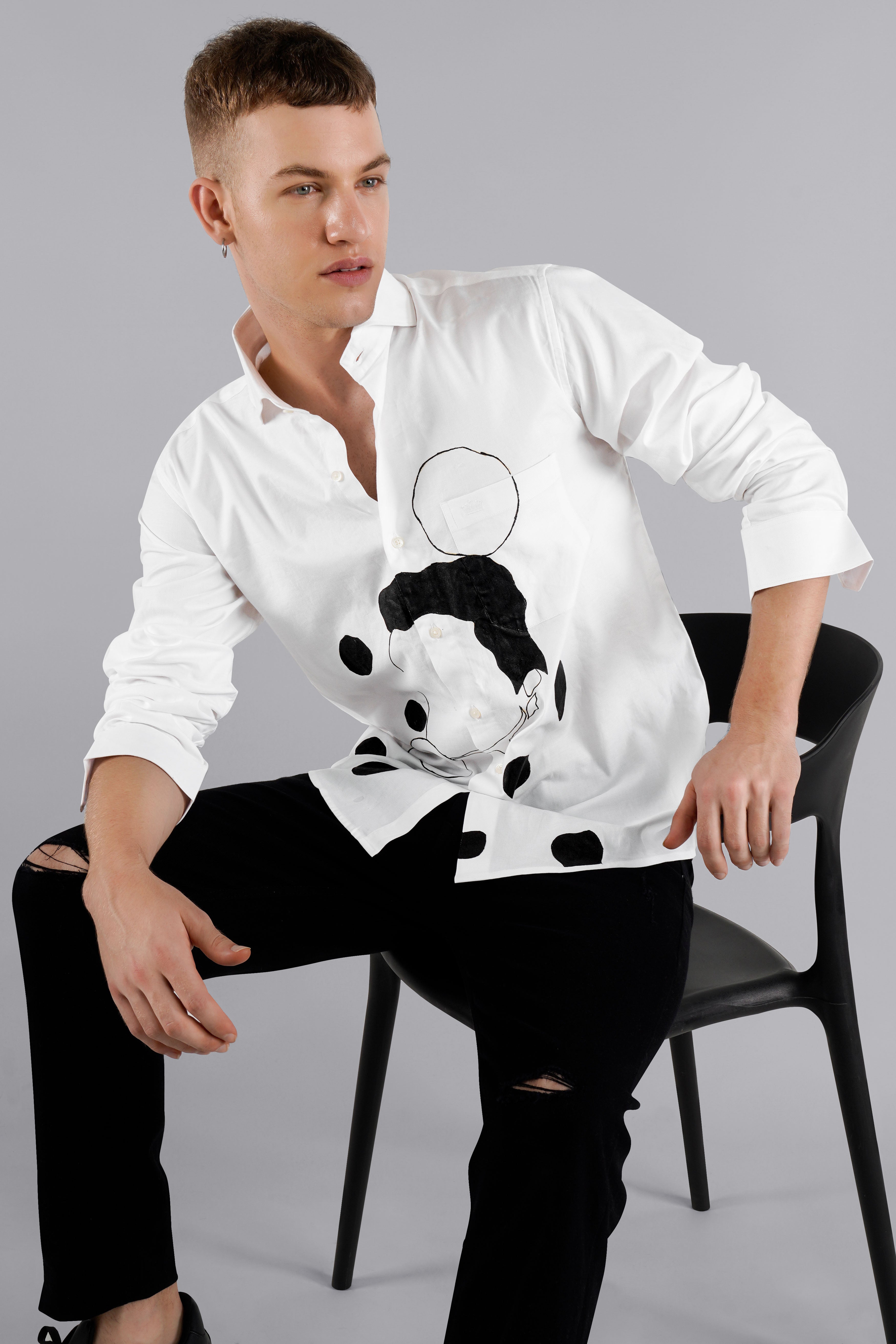 Bright White Polka Dotted Hand Painted Dobby Premium Giza Cotton Designer Shirt