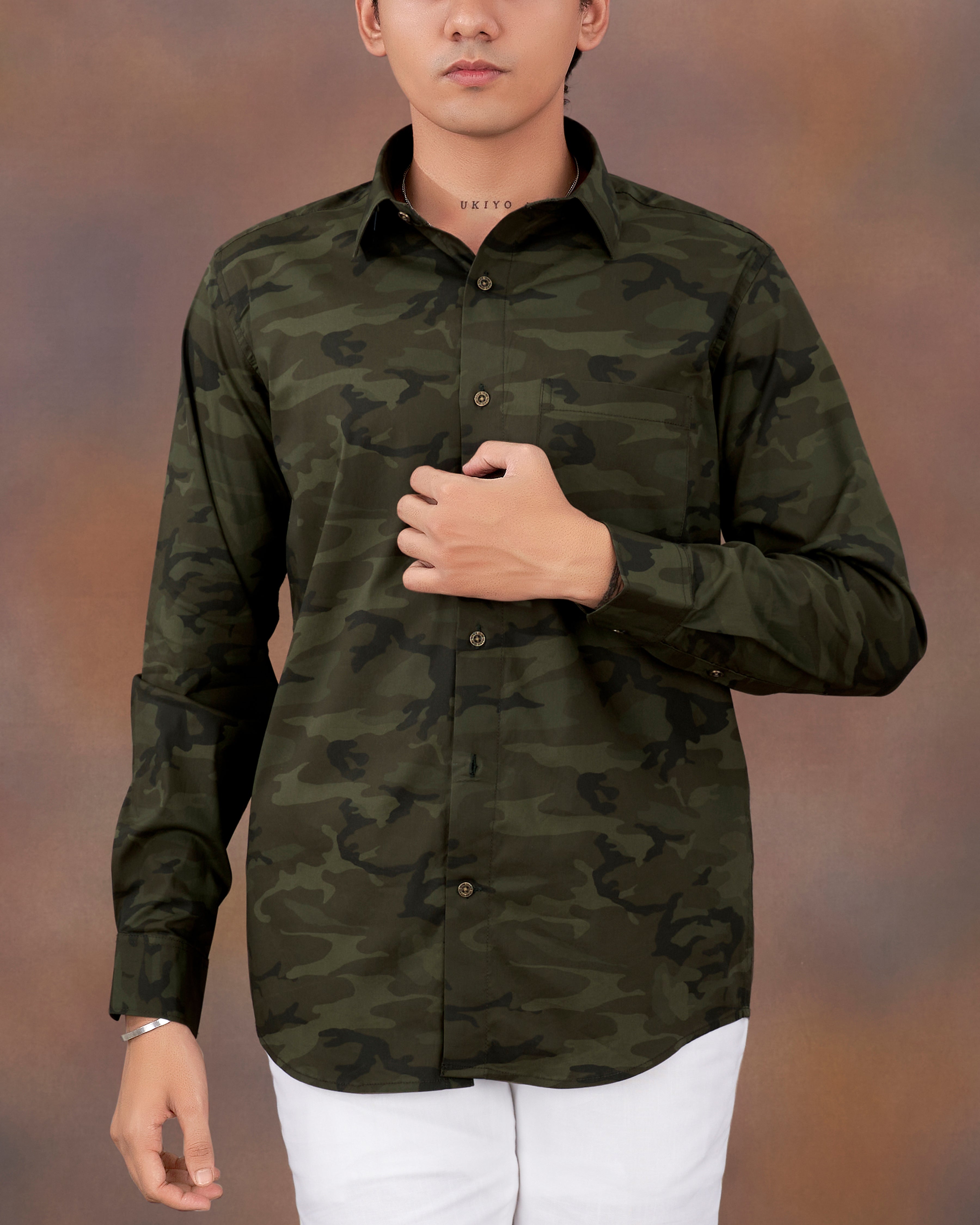 Taupe Green with Finch Green Camouflage Printed Royal Oxford Shirt