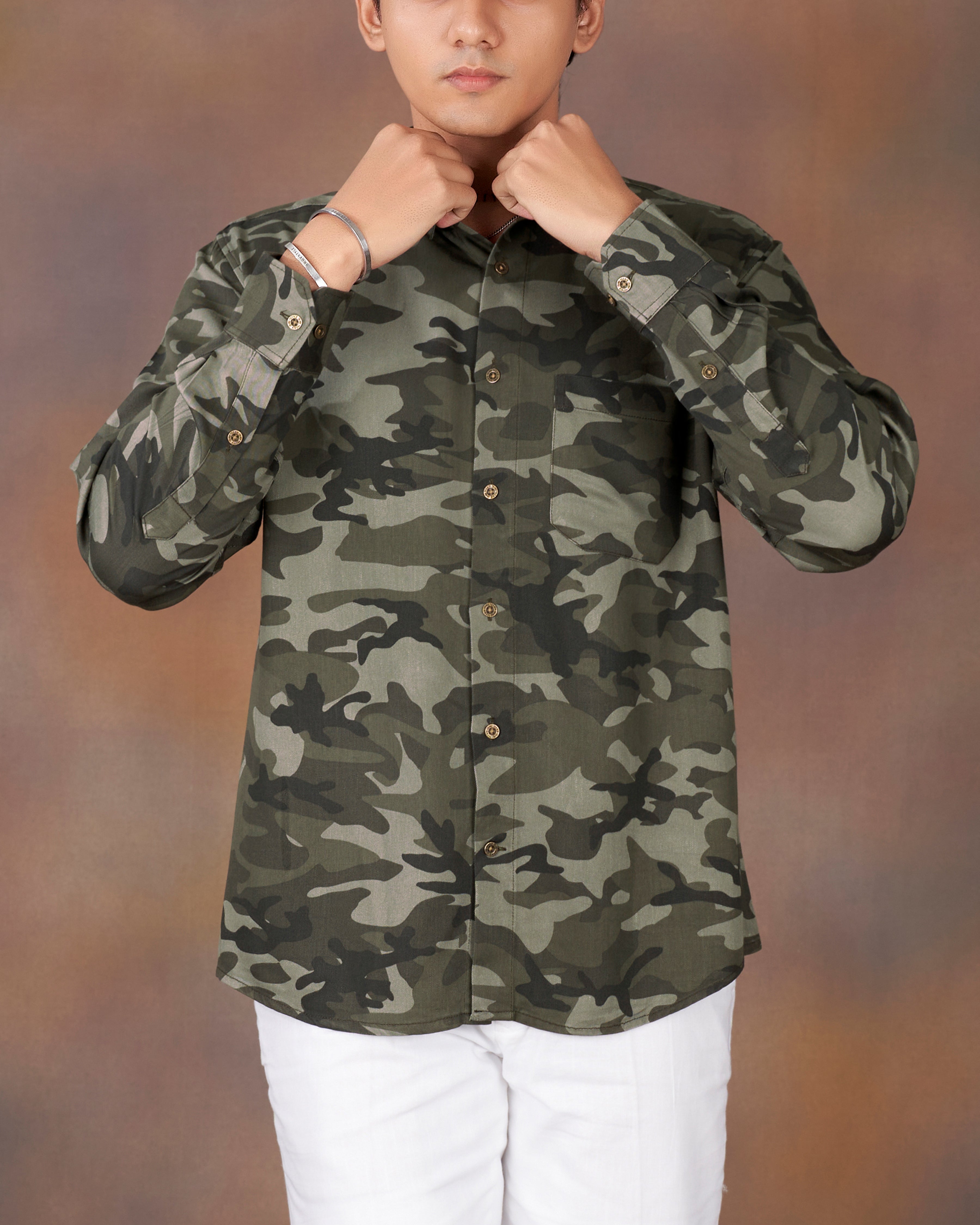 Lunar Green with Concord Gray Camouflage Printed  Premium Tencel Shirt