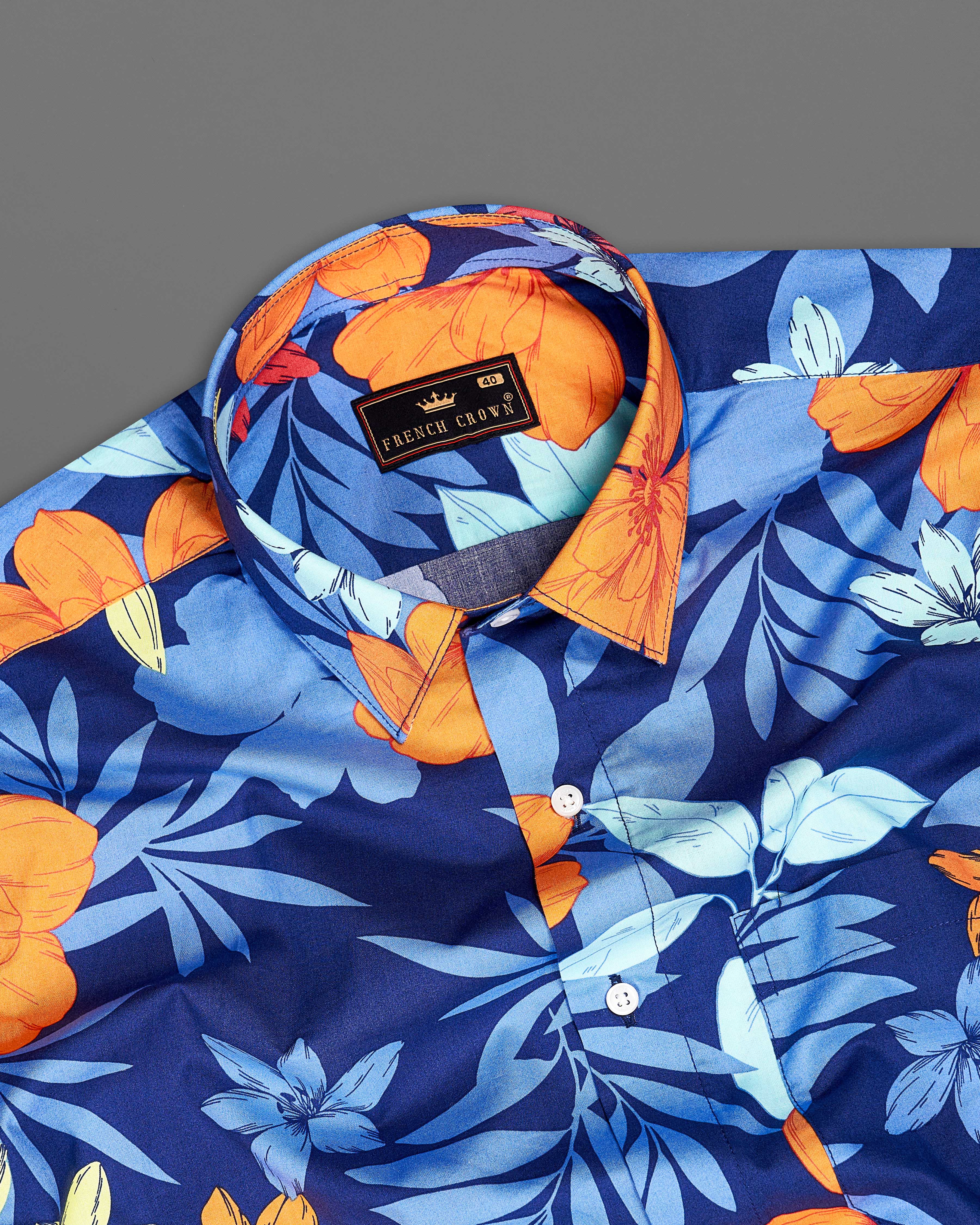 Zodiac Blue with Multicolour Floral Printed Premium Cotton Shirt