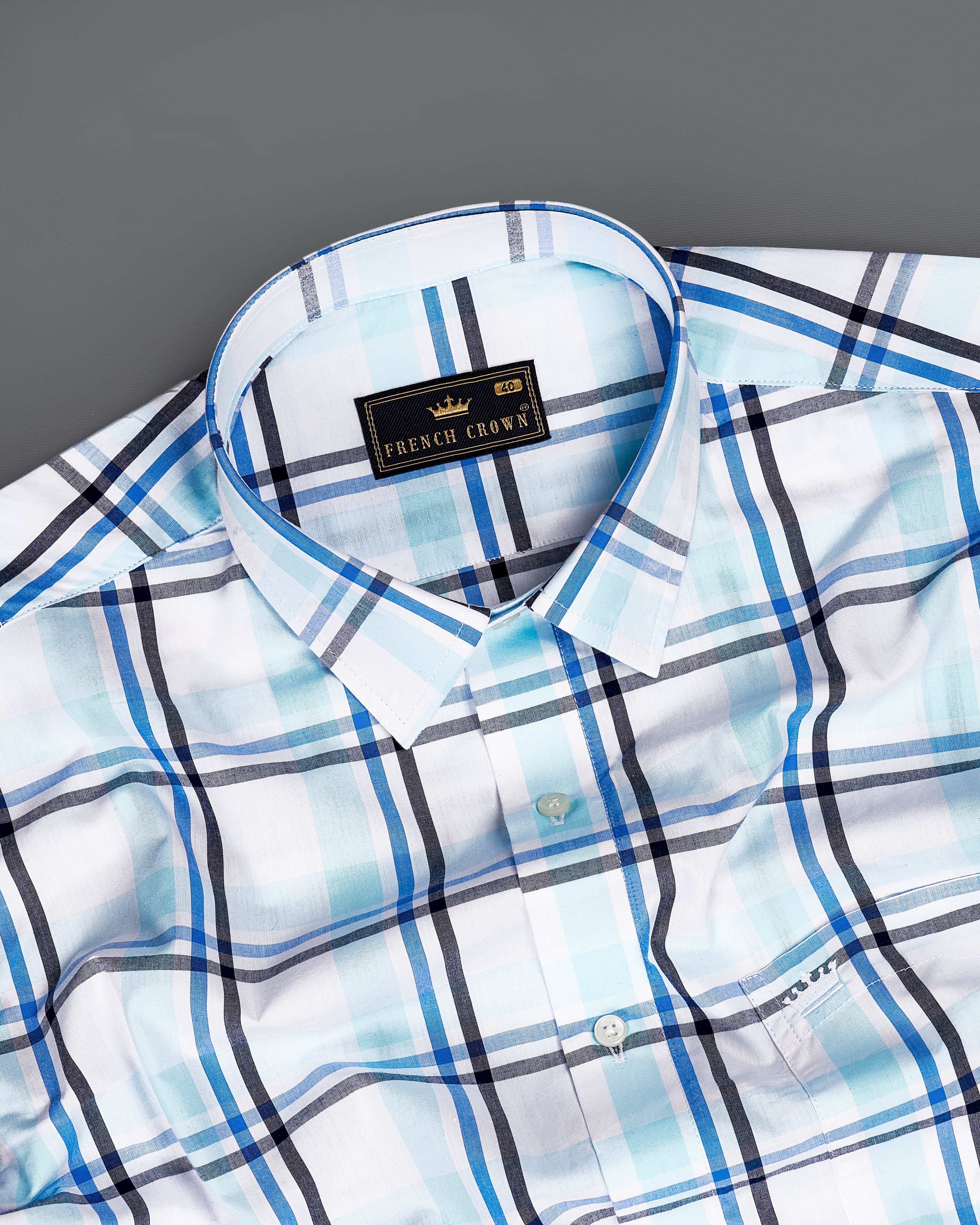 Bright White with Coral Aqua Blue and Black Plaid Premium Cotton Shirt