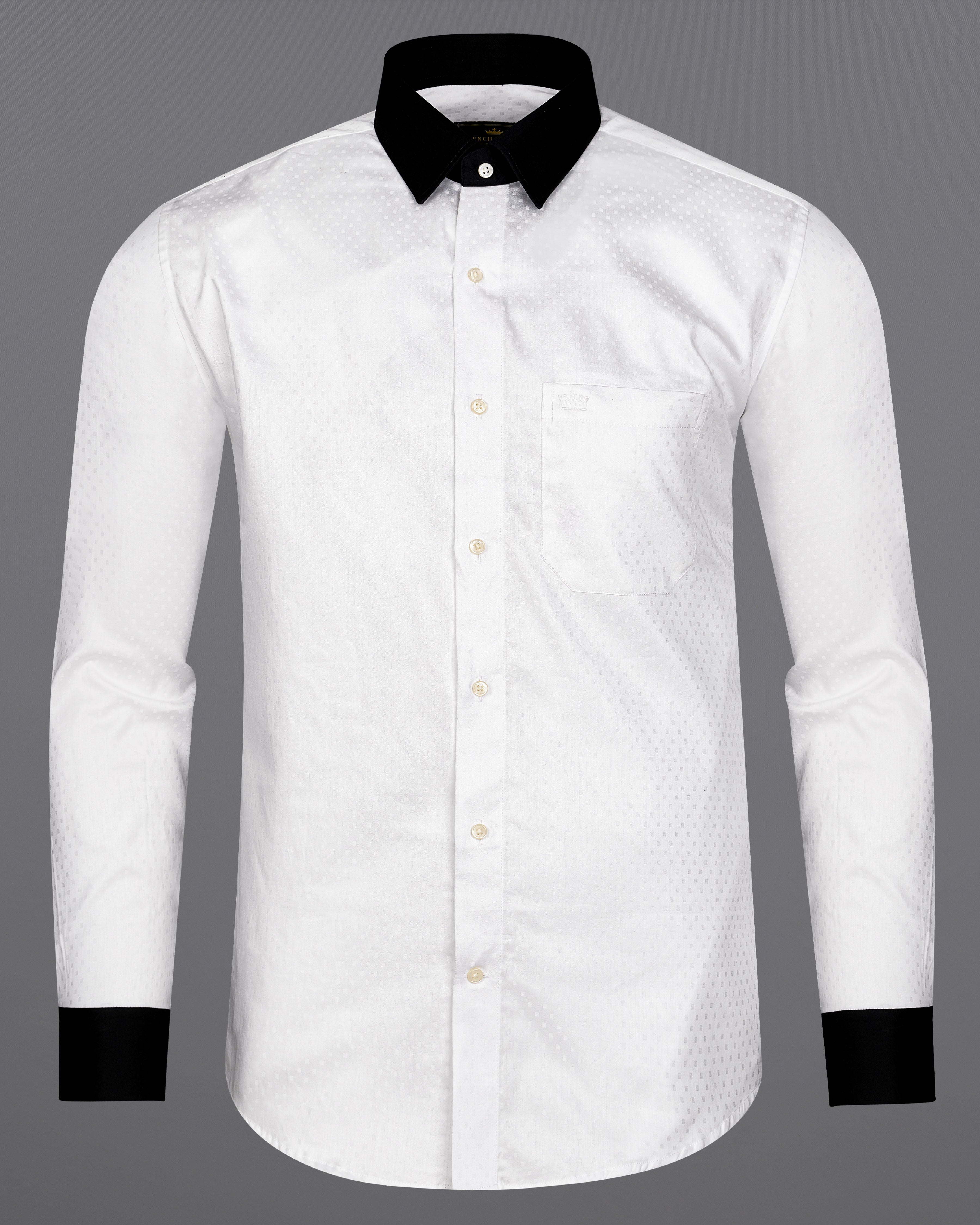 Bright White with Black Cuffs and Collar Dobby Textured Premium Giza Cotton Shirt