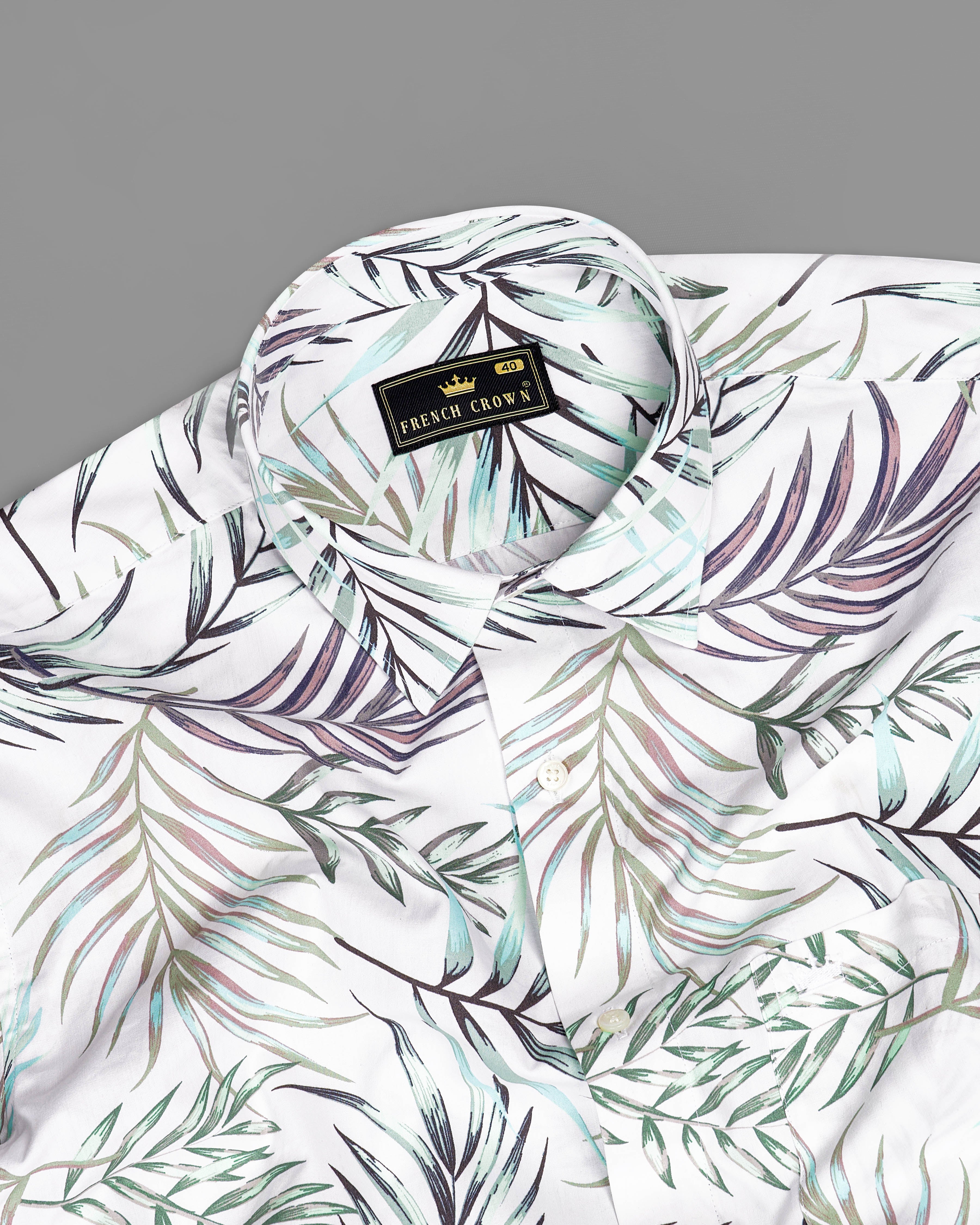 Bright White Multicolour Leaves Printed Premium Cotton Shirt
