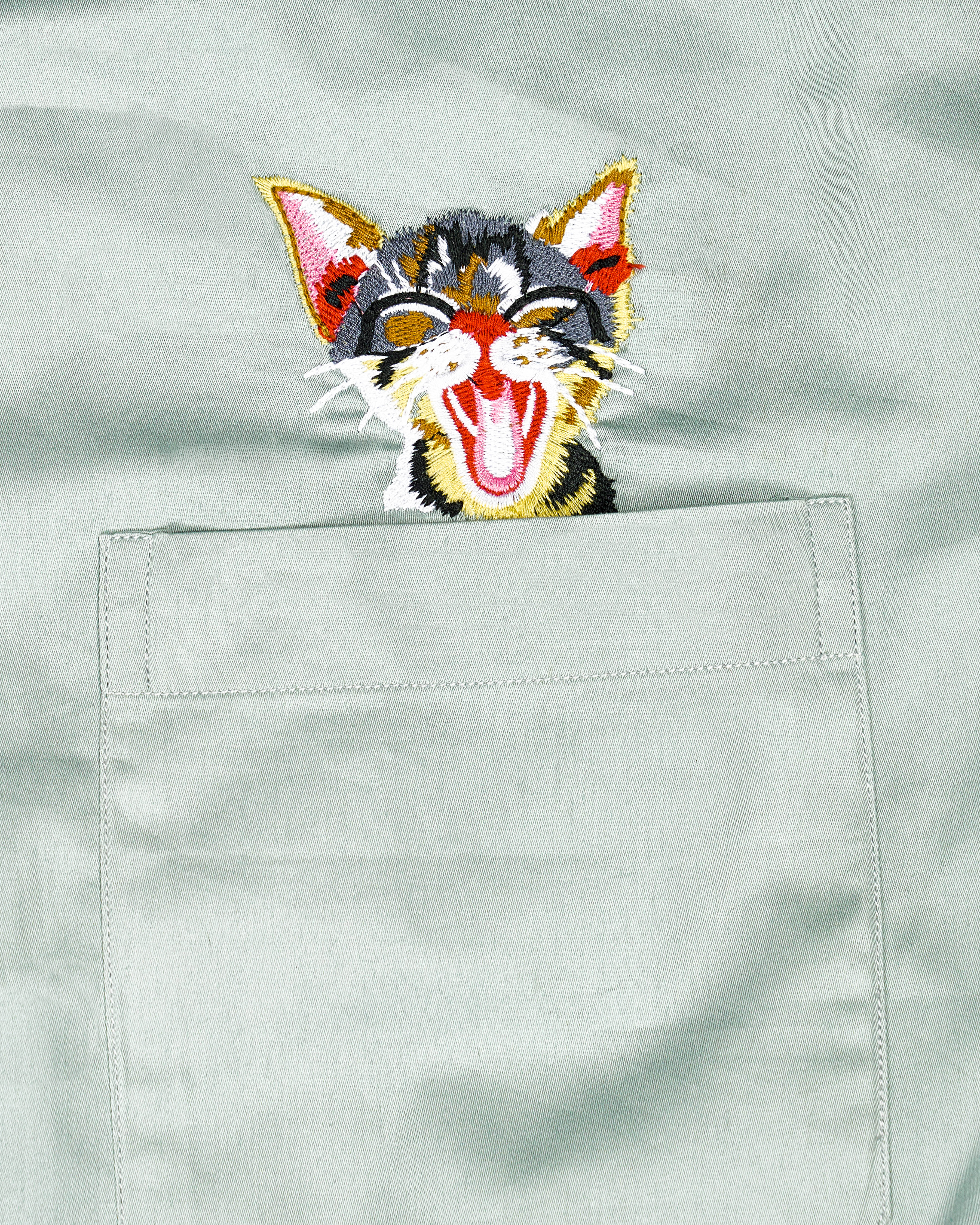 Geyser Green Subtle Sheen Cat Embroidered Super Soft Premium Cotton Designer Shirt