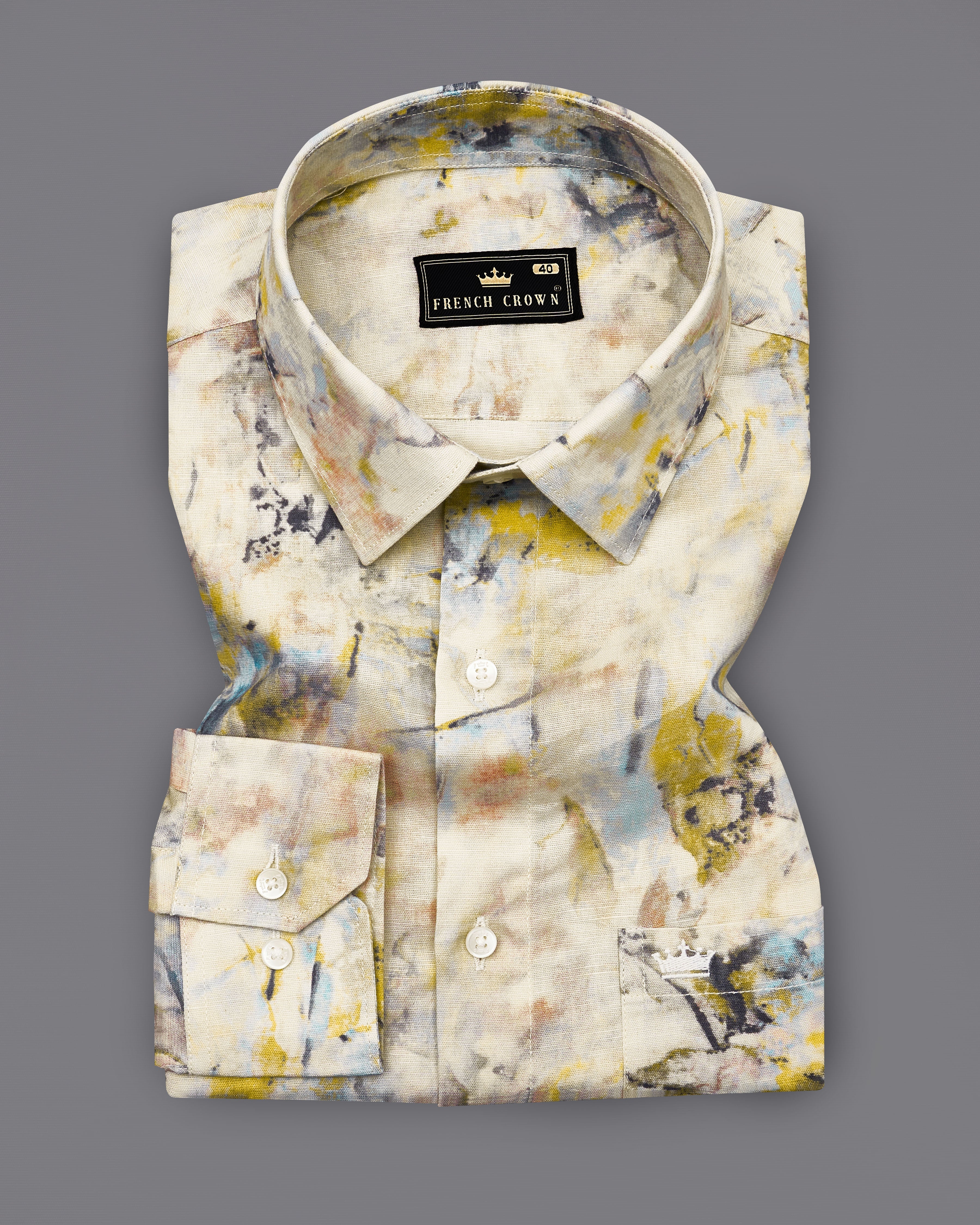 Pearl Bush Cream with Mustard Yellow Multicolour Marble Textured Luxurious Linen Shirt