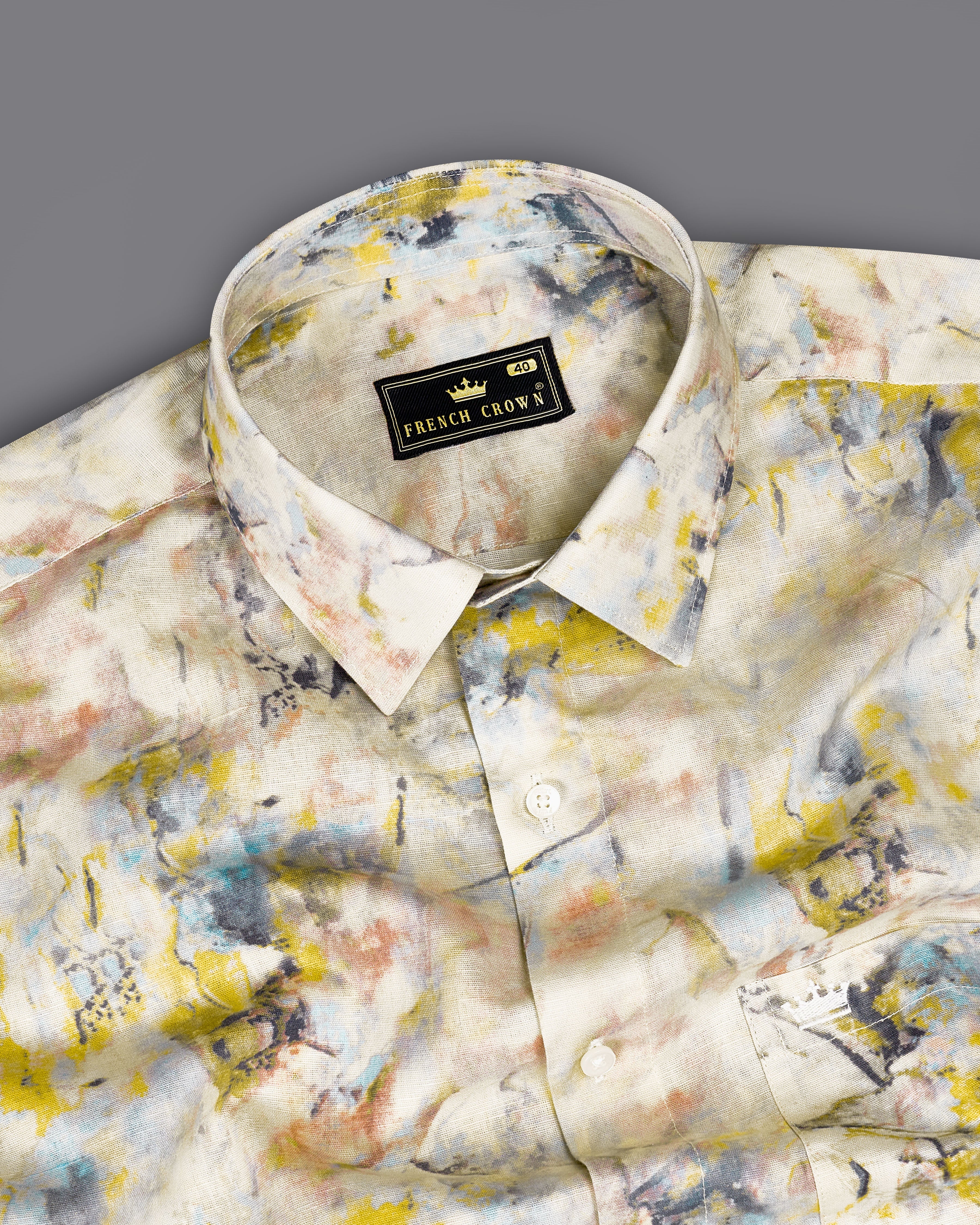 Pearl Bush Cream with Mustard Yellow Multicolour Marble Textured Luxurious Linen Shirt