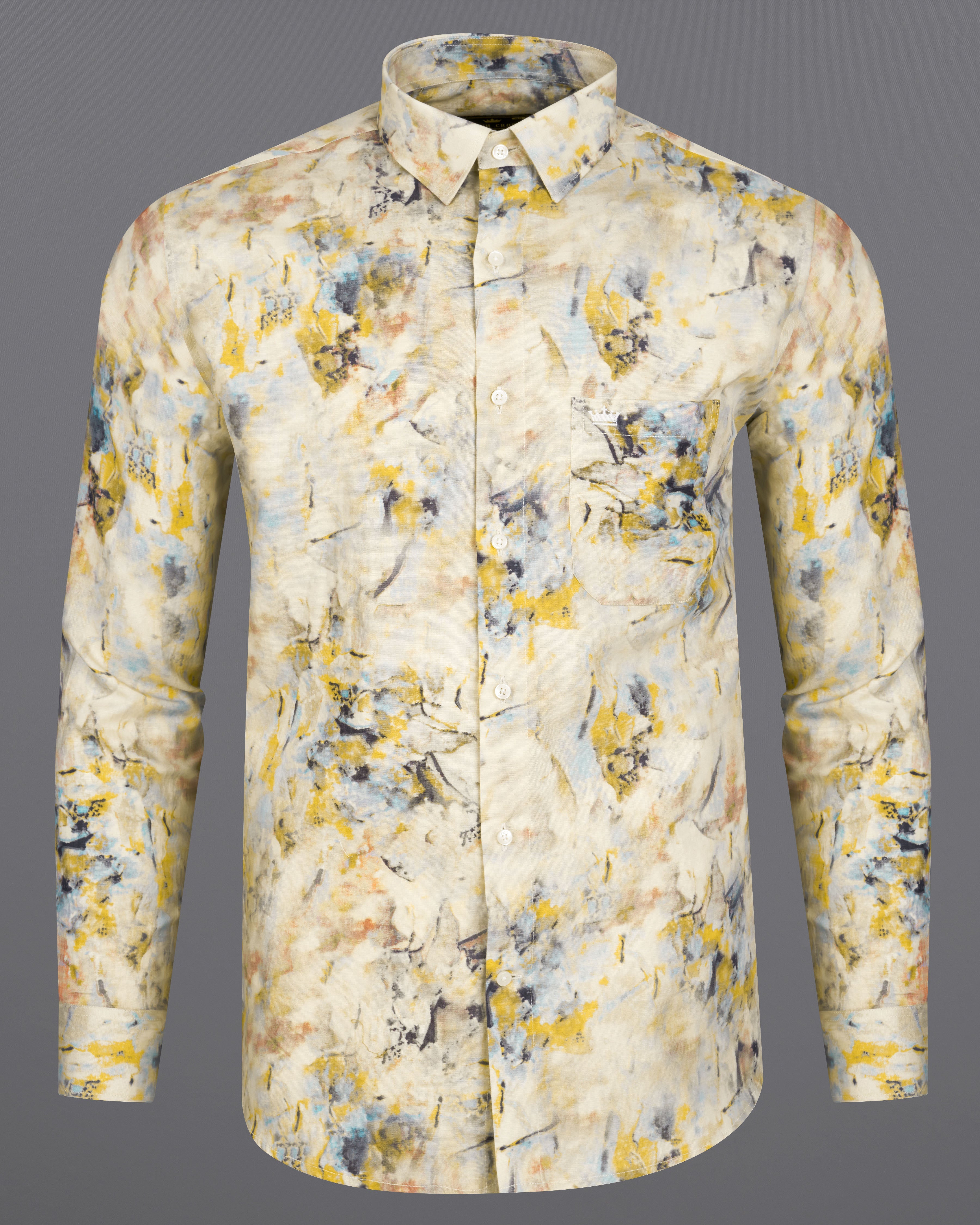 Pearl Bush Cream with Mustard Yellow Multicolour Marble Textured Luxurious Linen Shirt