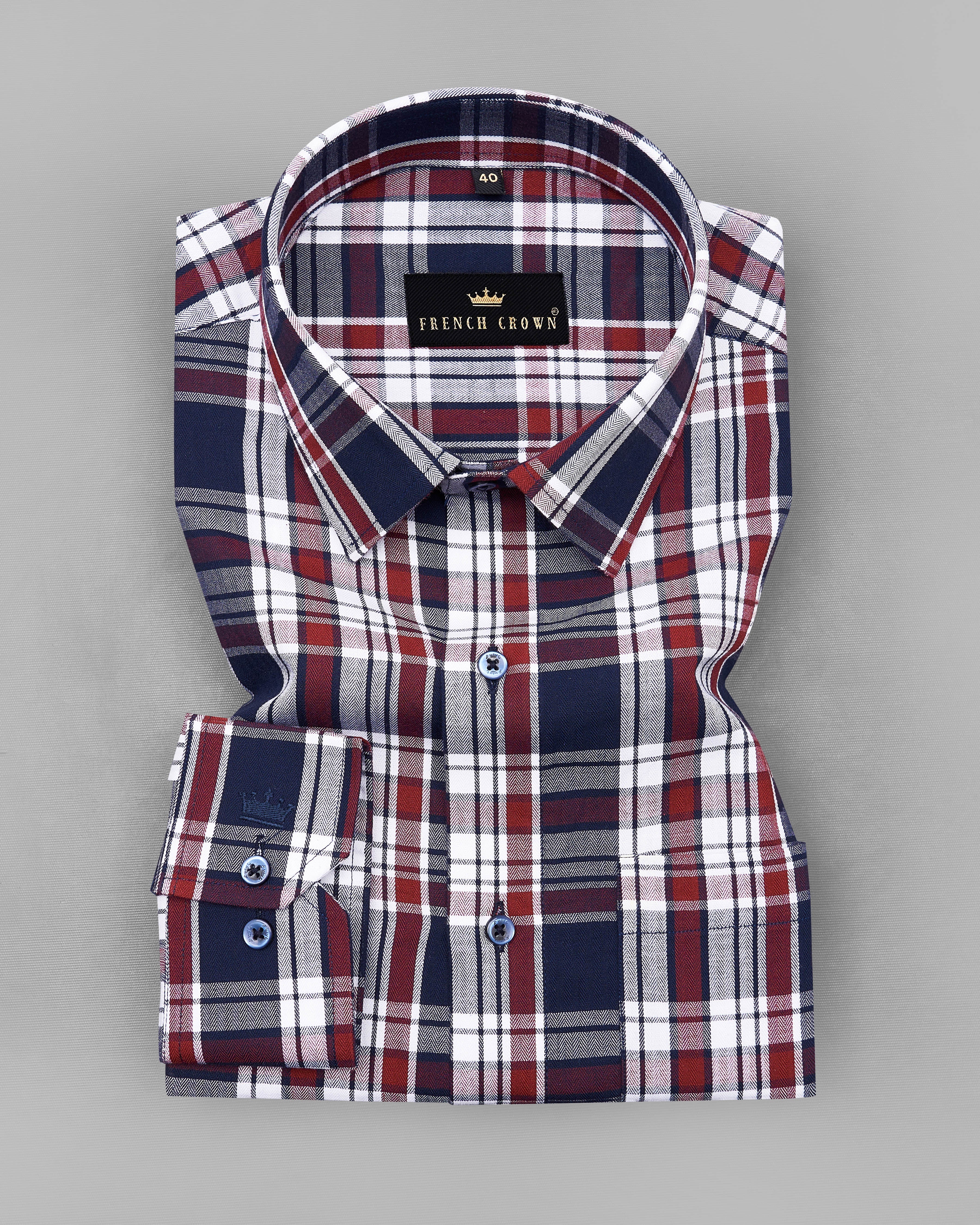 Cinder Navy Blue with White and Firebrick Red Plaid Herringbone Premium Cotton Shirt 9048-BLE-38, 9048-BLE-H-38, 9048-BLE-39, 9048-BLE-H-39, 9048-BLE-40, 9048-BLE-H-40, 9048-BLE-42, 9048-BLE-H-42, 9048-BLE-44, 9048-BLE-H-44, 9048-BLE-46, 9048-BLE-H-46, 9048-BLE-48, 9048-BLE-H-48, 9048-BLE-50, 9048-BLE-H-50, 9048-BLE-52, 9048-BLE-H-52