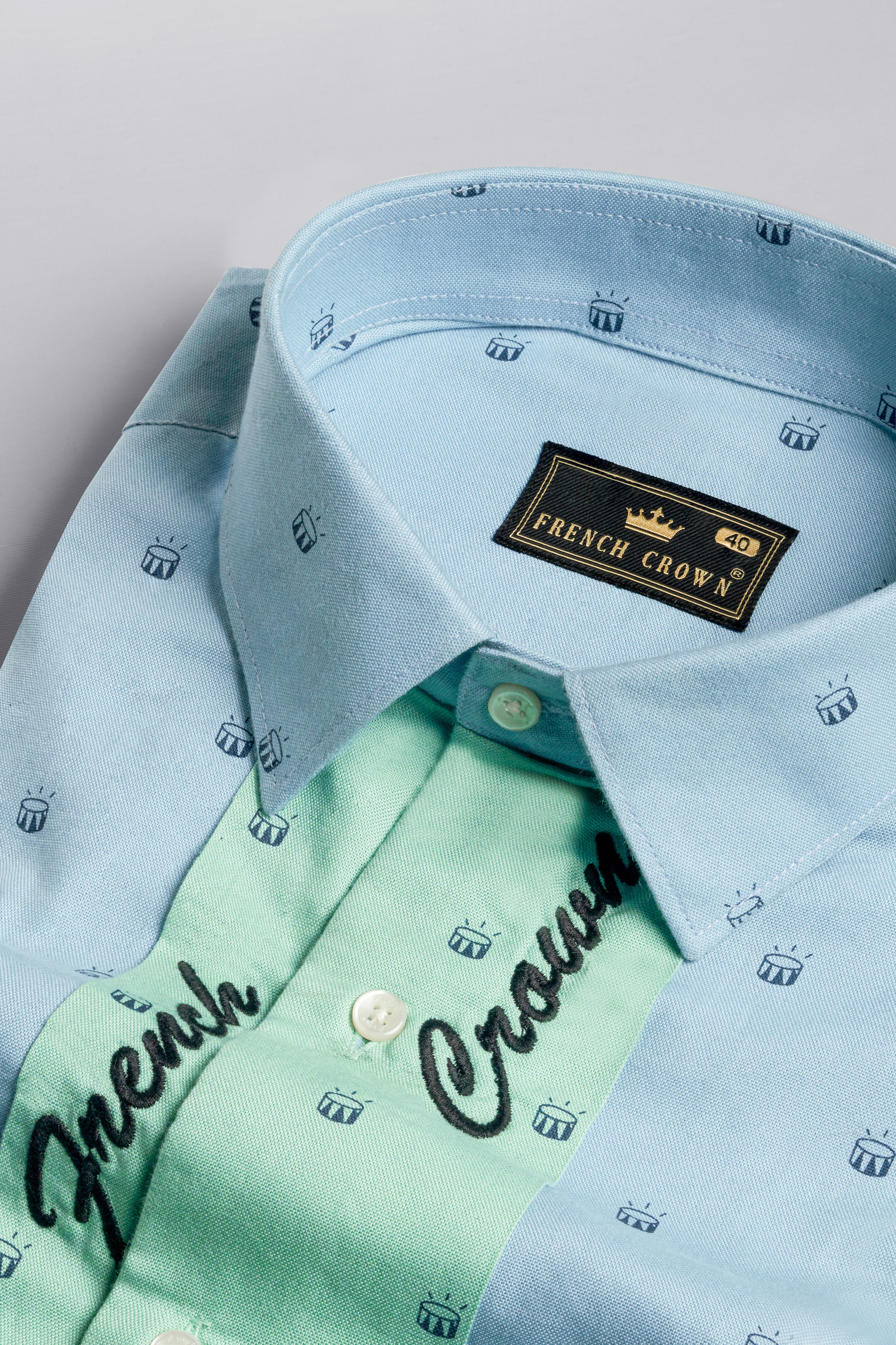 Carolina Blue with Downy Green French Crown Embroidered Patchwork Royal Oxford Designer Shirt