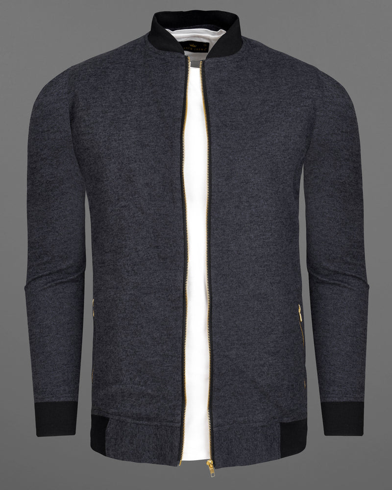 Charcoal Black Casual Textured Premium Cotton Bomber jacket For