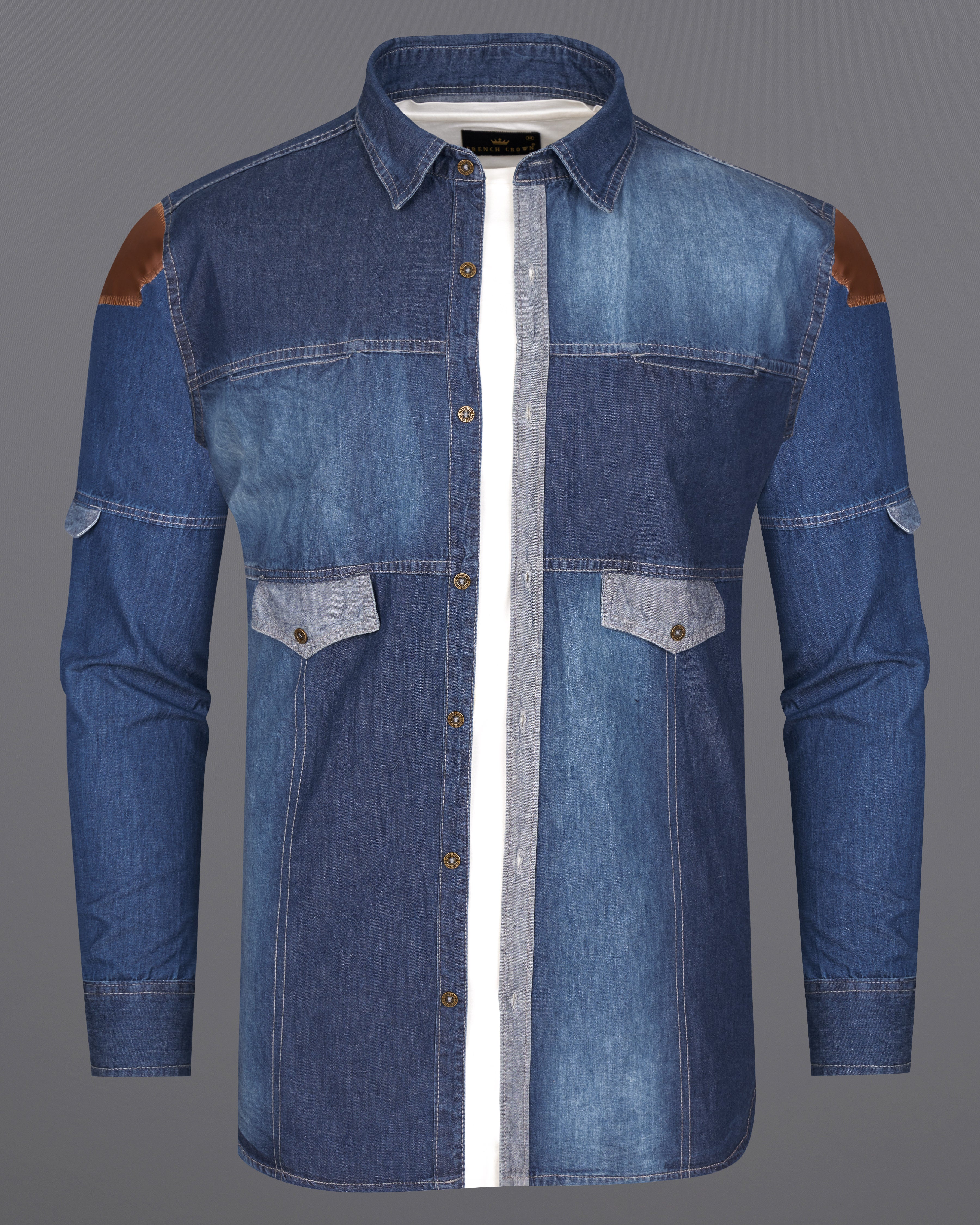 Muted Blue with Midnight Navy Blue Denim Designer Shirt With Leather Patch Work