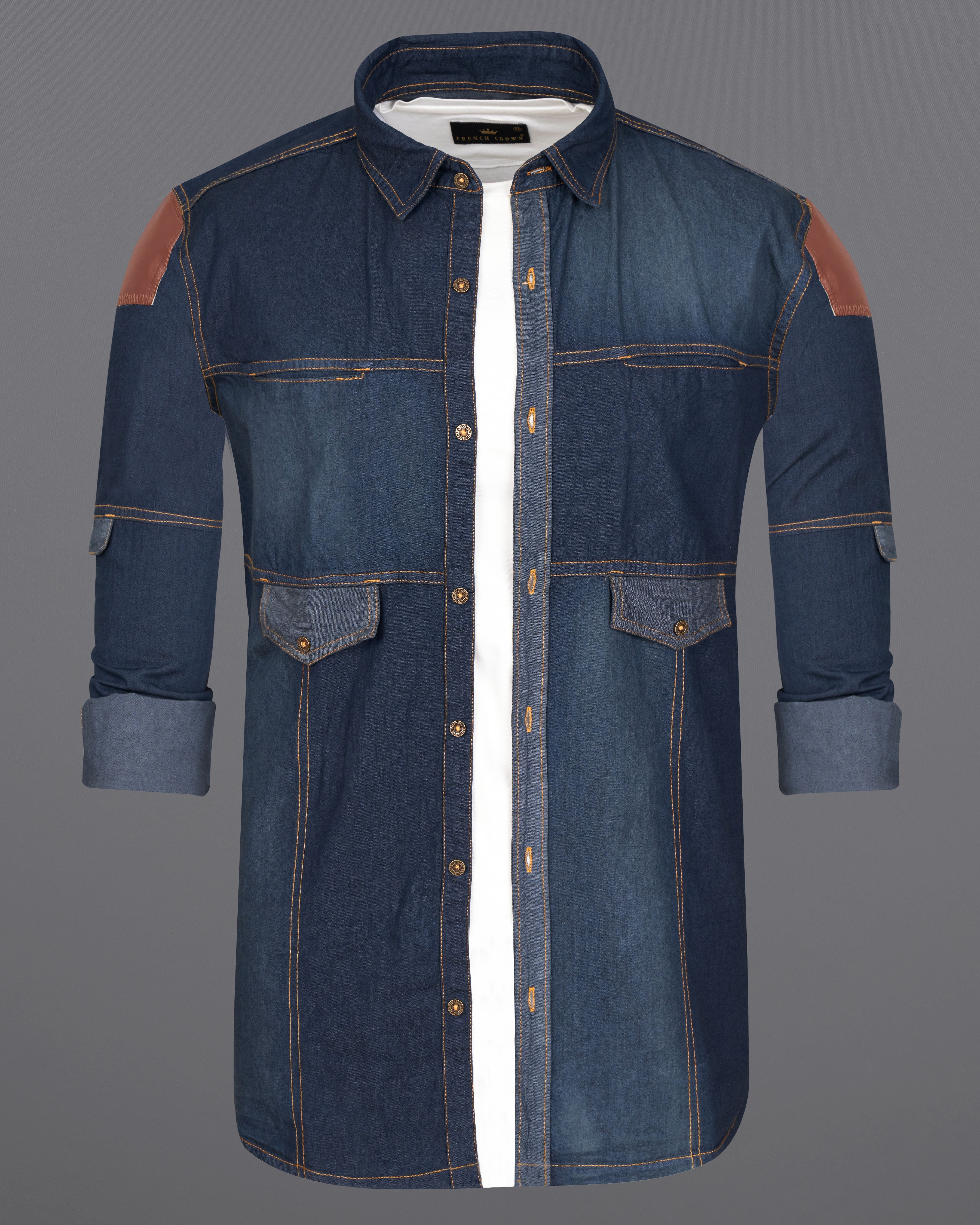 Outer Space Blue Denim Shirt  With Leather Patch Work 9199-MB-38,9199-MB-H-38,9199-MB-39,9199-MB-H-39,9199-MB-40,9199-MB-H-40,9199-MB-42,9199-MB-H-42,9199-MB-44,9199-MB-H-44,9199-MB-46,9199-MB-H-46,9199-MB-48,9199-MB-H-48,9199-MB-50,9199-MB-H-50,9199-MB-52,9199-MB-H-52