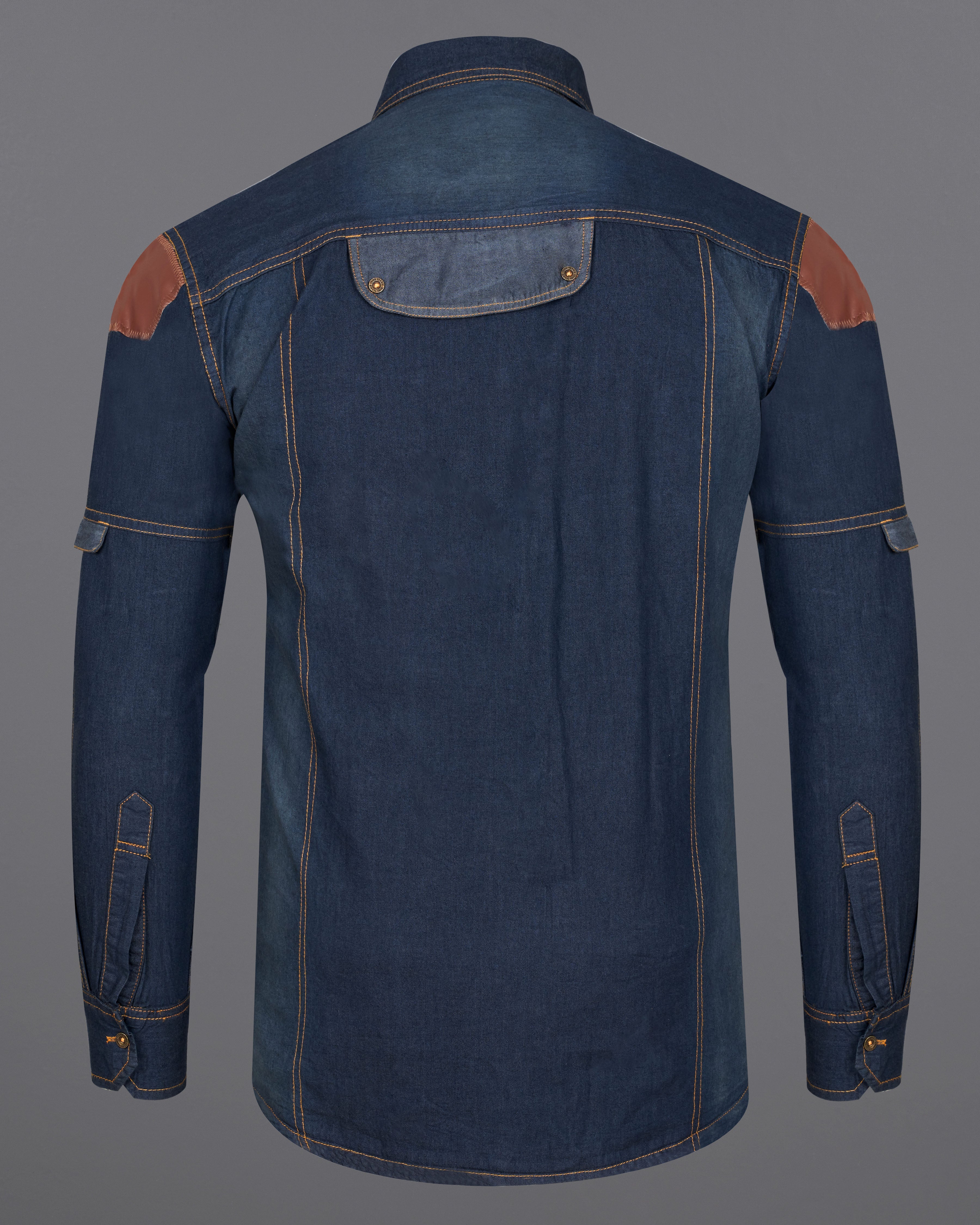 Outer Space Blue Denim Shirt  With Leather Patch Work 9199-MB-38,9199-MB-H-38,9199-MB-39,9199-MB-H-39,9199-MB-40,9199-MB-H-40,9199-MB-42,9199-MB-H-42,9199-MB-44,9199-MB-H-44,9199-MB-46,9199-MB-H-46,9199-MB-48,9199-MB-H-48,9199-MB-50,9199-MB-H-50,9199-MB-52,9199-MB-H-52