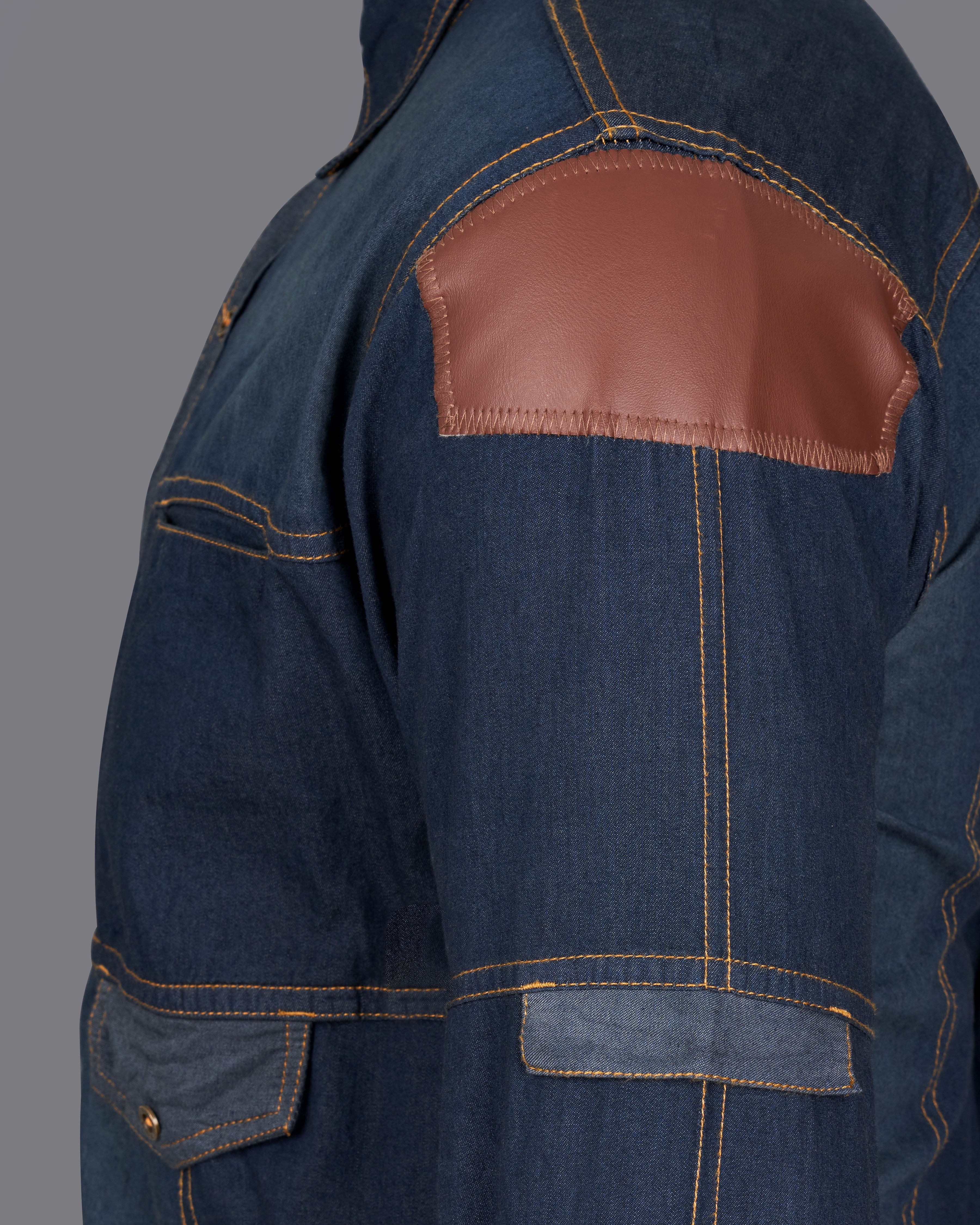 Outer Space Blue Denim Shirt  With Leather Patch Work 9199-MB-38,9199-MB-H-38,9199-MB-39,9199-MB-H-39,9199-MB-40,9199-MB-H-40,9199-MB-42,9199-MB-H-42,9199-MB-44,9199-MB-H-44,9199-MB-46,9199-MB-H-46,9199-MB-48,9199-MB-H-48,9199-MB-50,9199-MB-H-50,9199-MB-52,9199-MB-H-52