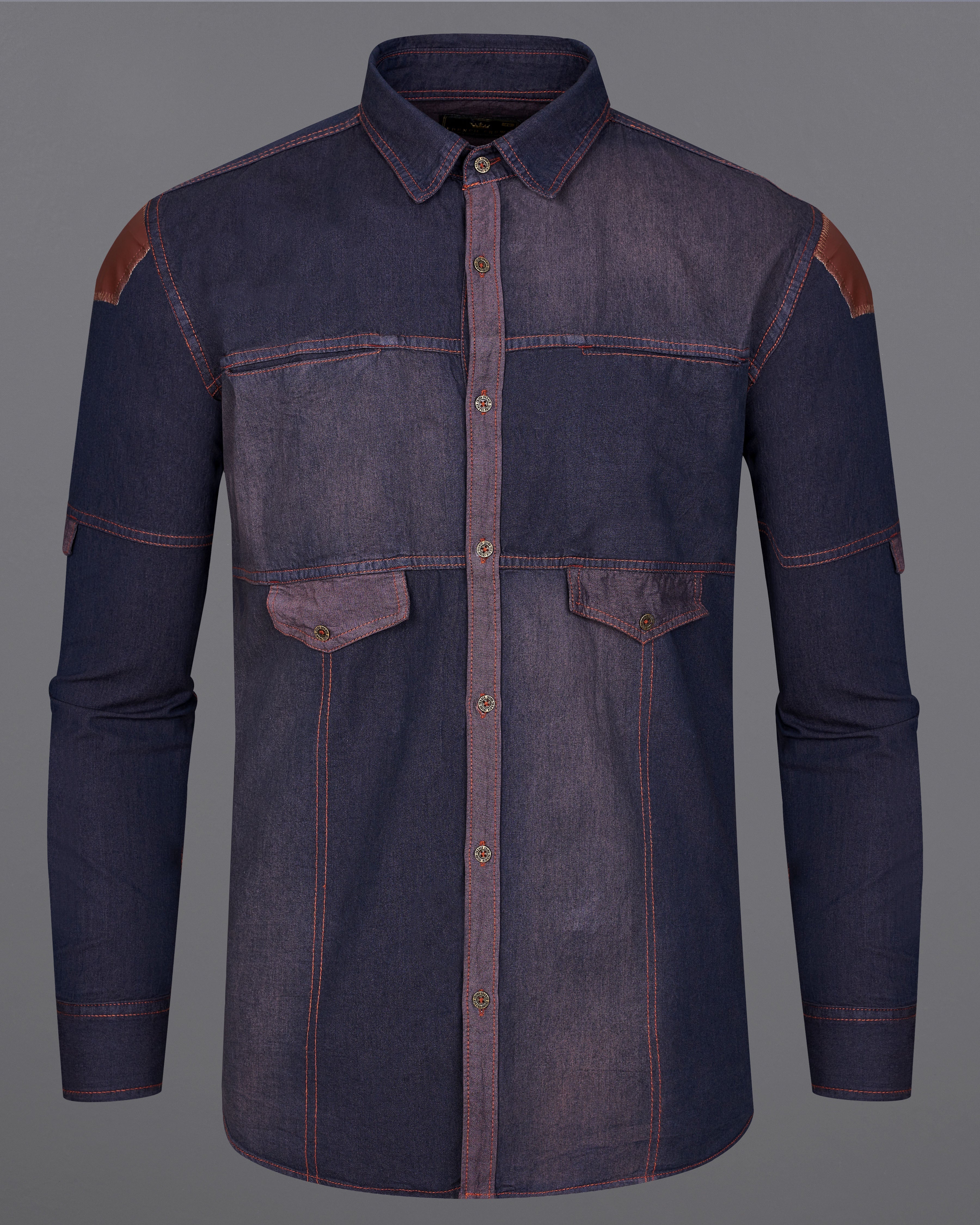 Gravel Purple with Baltic Sea Denim Shirt With Leather Patch Work 9201-MB-38,9201-MB-H-38,9201-MB-39,9201-MB-H-39,9201-MB-40,9201-MB-H-40,9201-MB-42,9201-MB-H-42,9201-MB-44,9201-MB-H-44,9201-MB-46,9201-MB-H-46,9201-MB-48,9201-MB-H-48,9201-MB-50,9201-MB-H-50,9201-MB-52,9201-MB-H-52