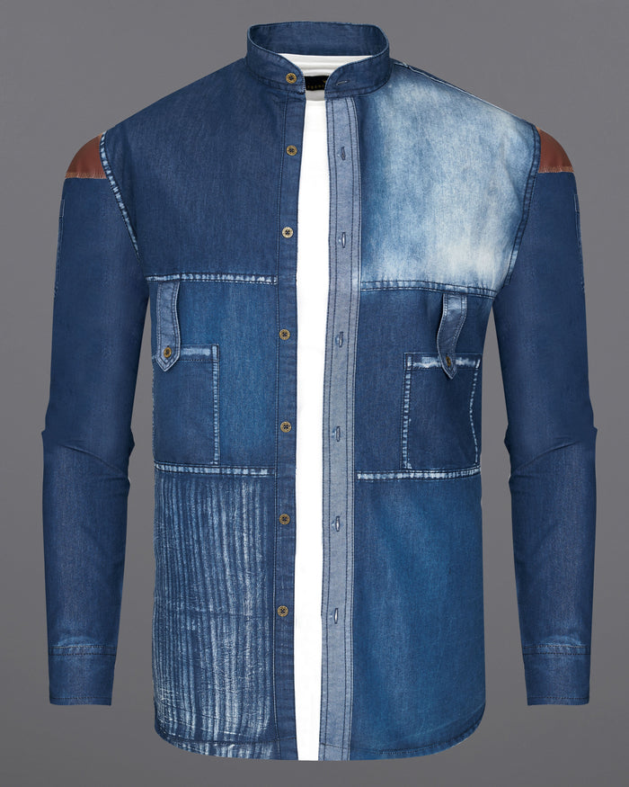 DARK SLATE BLUE WITH HOKI BLUE DENIM DESIGNER SHIRT WITH LEATHER PATCH WORK