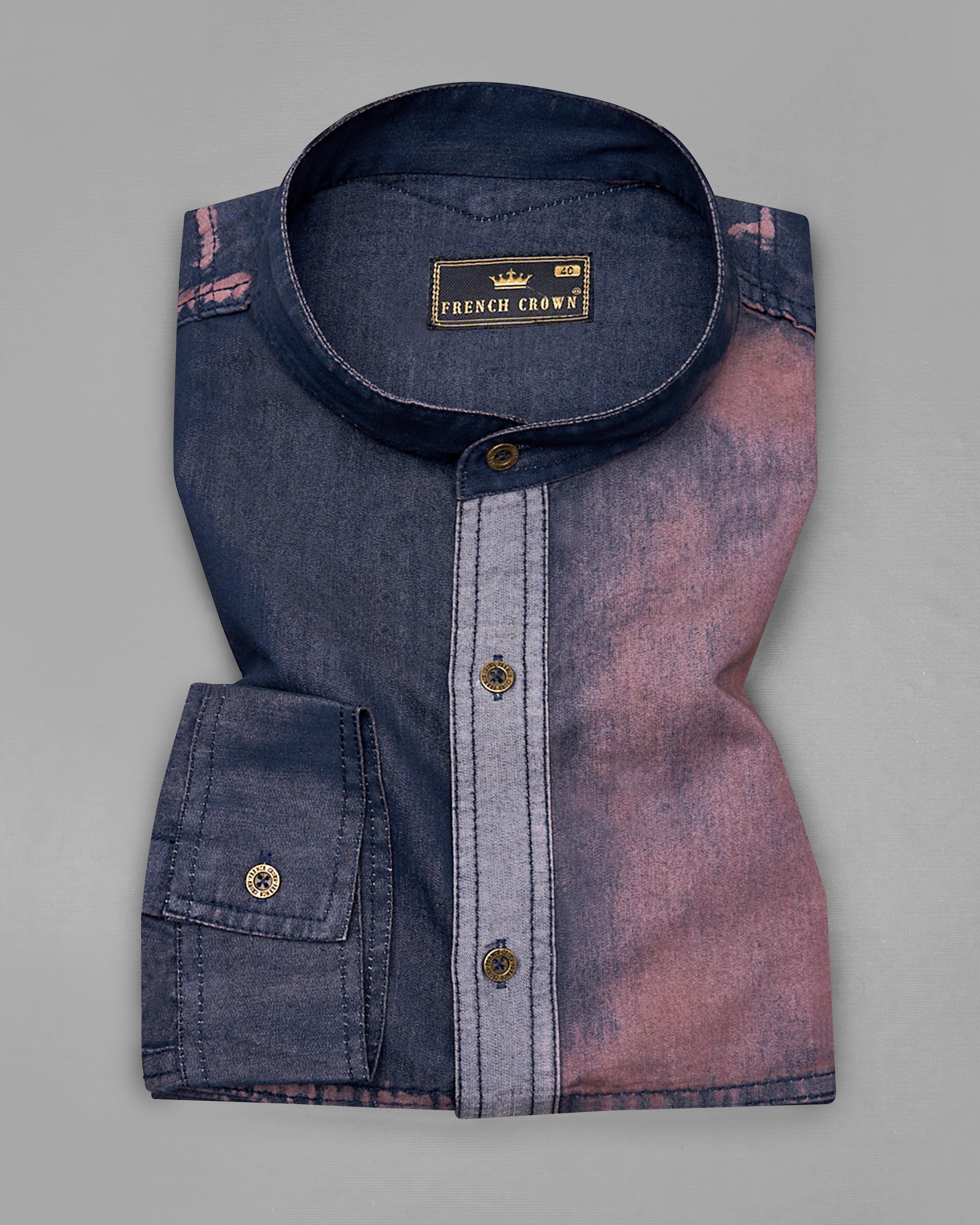 Bunting Blue with Opium Rusted Denim Shirt  With Leather Patch Work 9206-M-MB-38,9206-M-MB-H-38,9206-M-MB-39,9206-M-MB-H-39,9206-M-MB-40,9206-M-MB-H-40,9206-M-MB-42,9206-M-MB-H-42,9206-M-MB-44,9206-M-MB-H-44,9206-M-MB-46,9206-M-MB-H-46,9206-M-MB-48,9206-M-MB-H-48,9206-M-MB-50,9206-M-MB-H-50,9206-M-MB-52,9206-M-MB-H-52