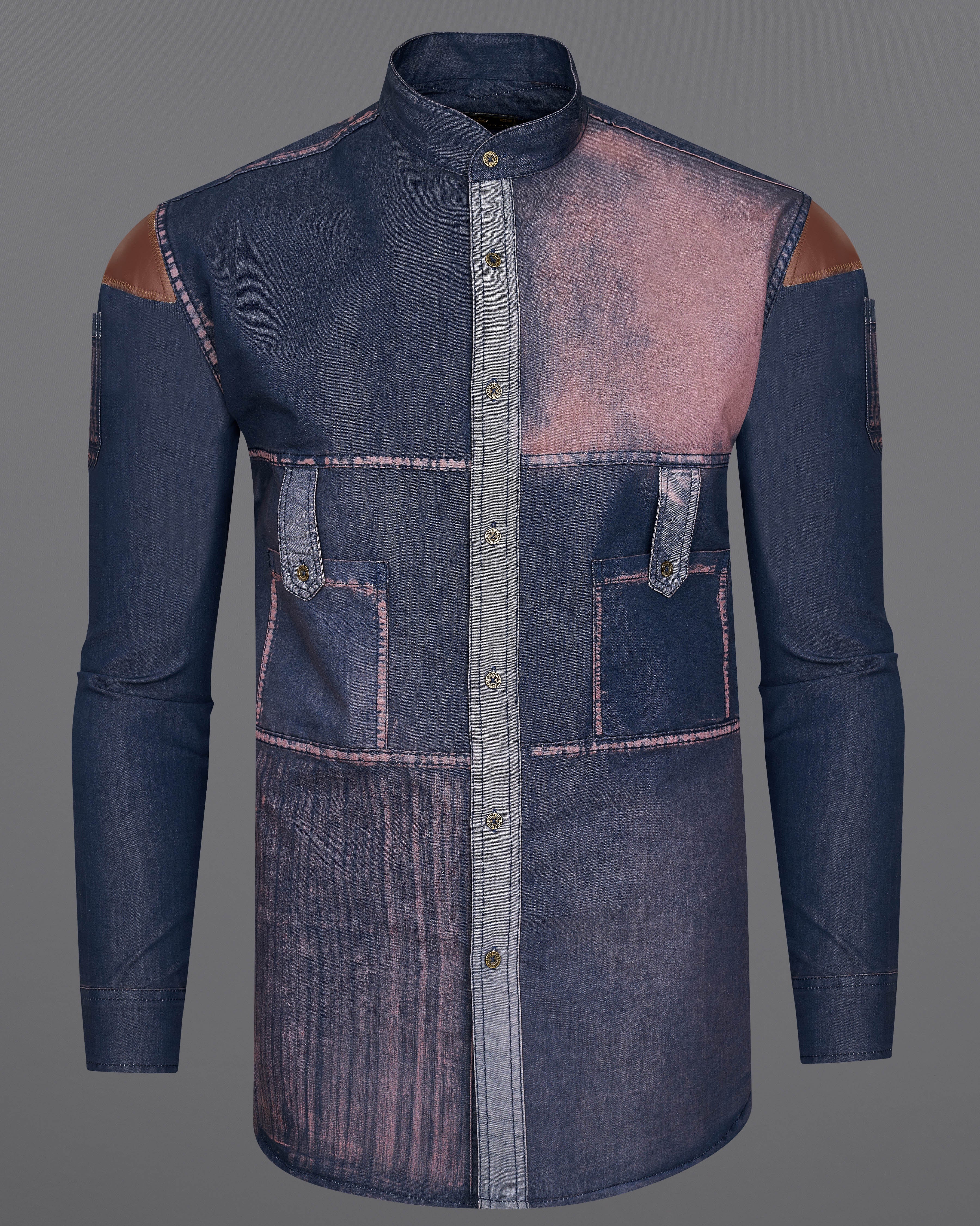 Bunting Blue with Opium Rusted Denim Shirt  With Leather Patch Work 9206-M-MB-38,9206-M-MB-H-38,9206-M-MB-39,9206-M-MB-H-39,9206-M-MB-40,9206-M-MB-H-40,9206-M-MB-42,9206-M-MB-H-42,9206-M-MB-44,9206-M-MB-H-44,9206-M-MB-46,9206-M-MB-H-46,9206-M-MB-48,9206-M-MB-H-48,9206-M-MB-50,9206-M-MB-H-50,9206-M-MB-52,9206-M-MB-H-52