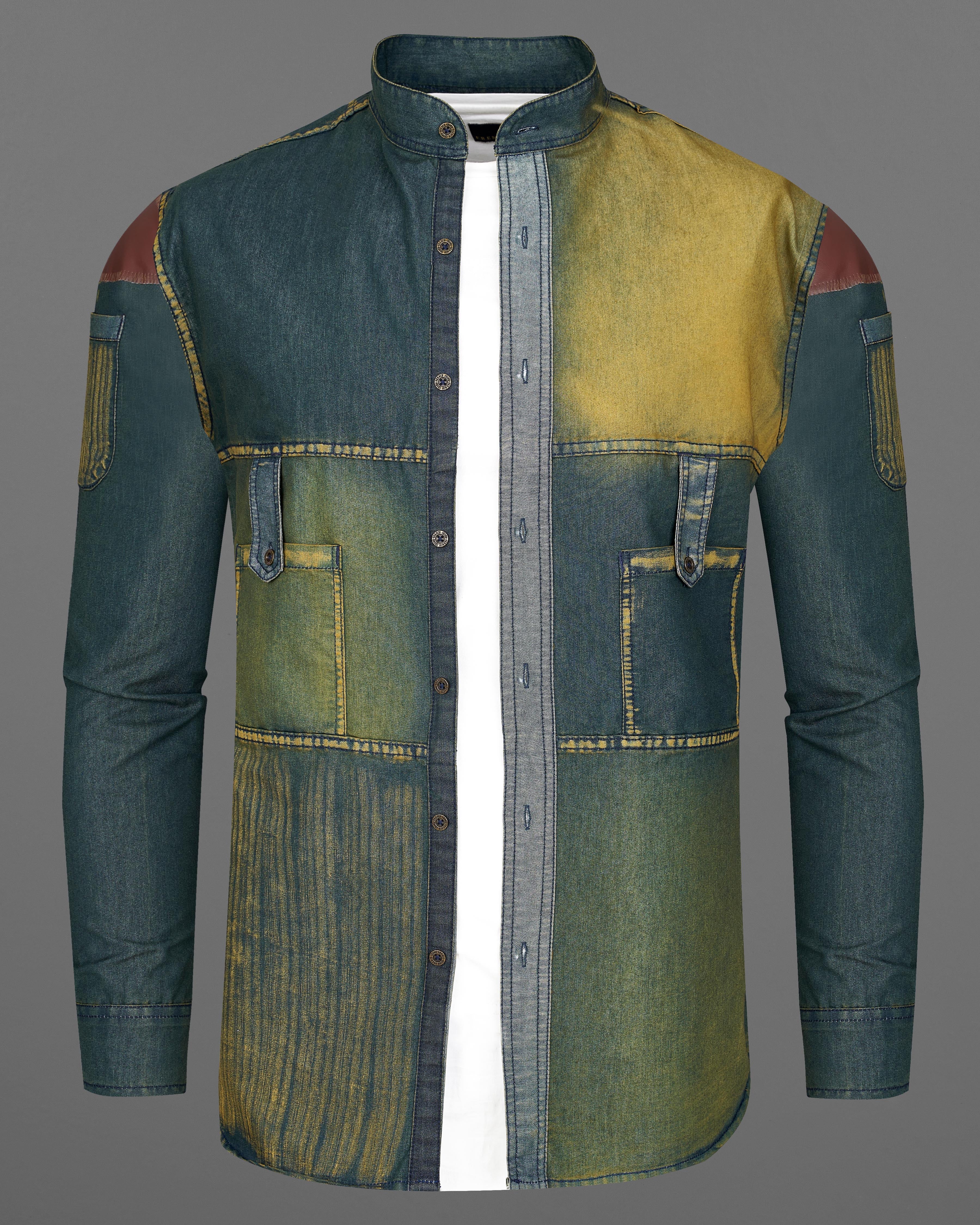 Limed Spruce Blue with Husk Yellow Denim Shirt With Leather Patch Work 9207-M-MB-38,9207-M-MB-H-38,9207-M-MB-39,9207-M-MB-H-39,9207-M-MB-40,9207-M-MB-H-40,9207-M-MB-42,9207-M-MB-H-42,9207-M-MB-44,9207-M-MB-H-44,9207-M-MB-46,9207-M-MB-H-46,9207-M-MB-48,9207-M-MB-H-48,9207-M-MB-50,9207-M-MB-H-50,9207-M-MB-52,9207-M-MB-H-52