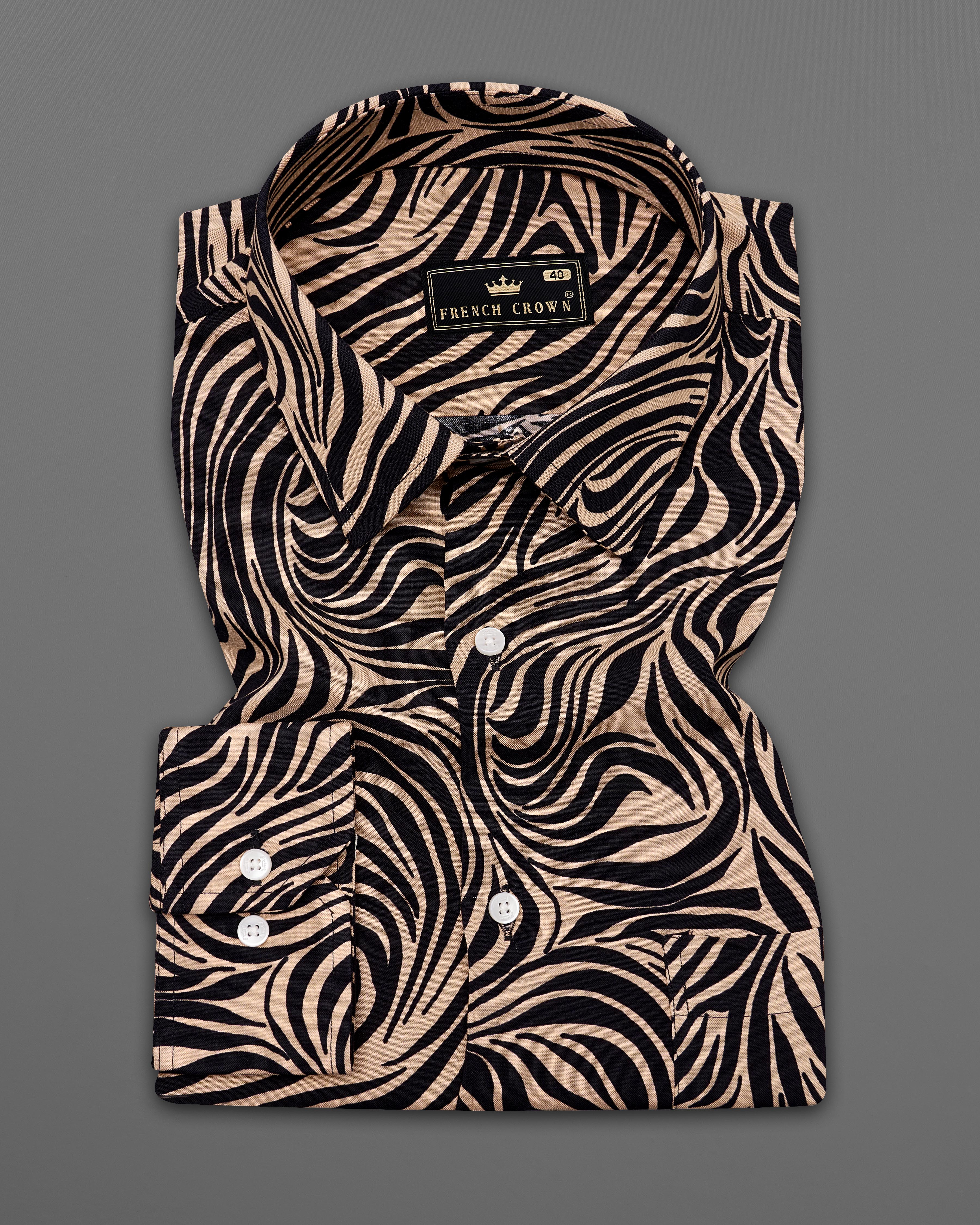 Mandys Brown with Black Zebra Stripes Printed Premium Tencel Shirt 9260-38,9260-H-38,9260-39,9260-H-39,9260-40,9260-H-40,9260-42,9260-H-42,9260-44,9260-H-44,9260-46,9260-H-46,9260-48,9260-H-48,9260-50,9260-H-50,9260-52,9260-H-52