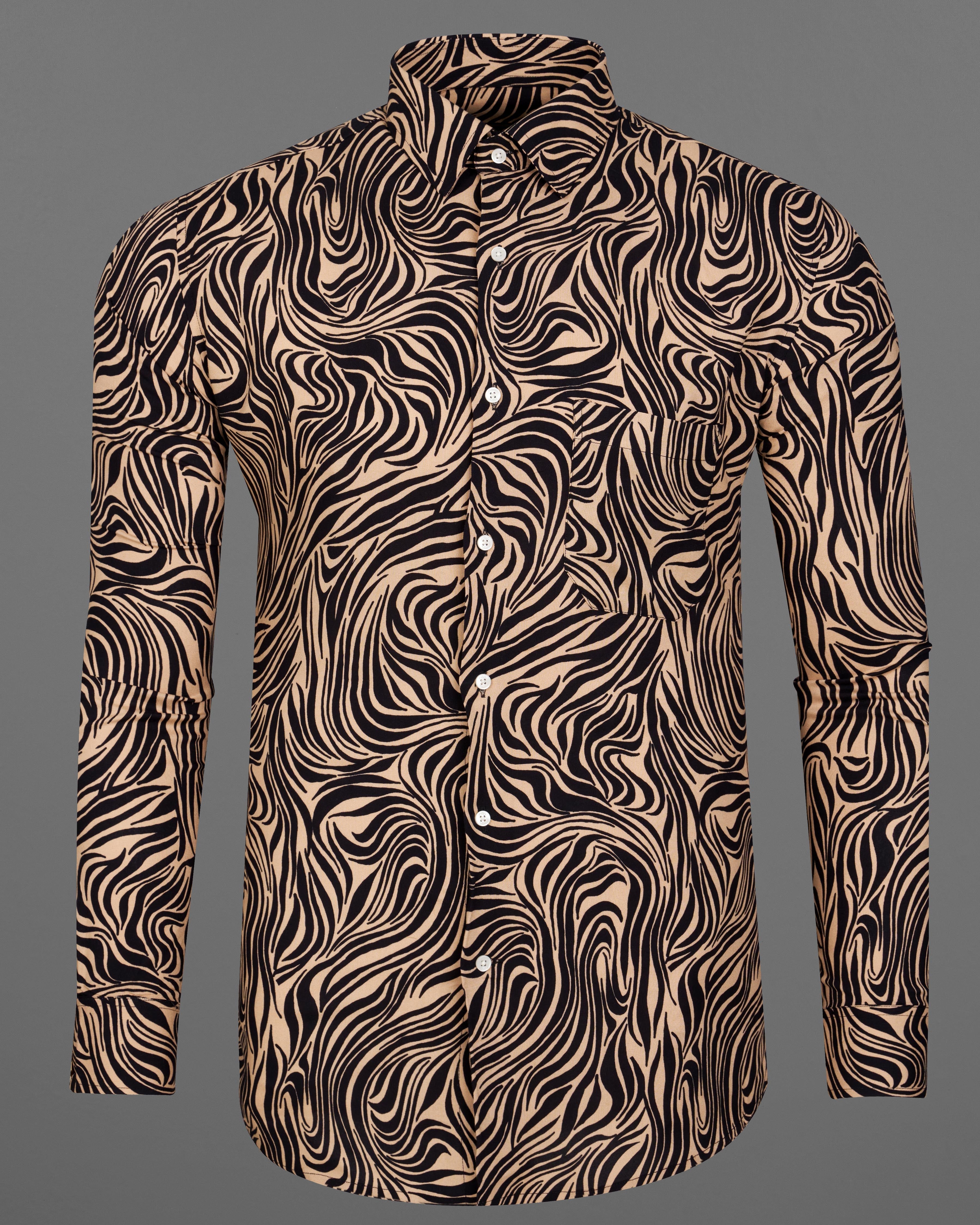 Mandys Brown with Black Zebra Stripes Printed Premium Tencel Shirt 9260-38,9260-H-38,9260-39,9260-H-39,9260-40,9260-H-40,9260-42,9260-H-42,9260-44,9260-H-44,9260-46,9260-H-46,9260-48,9260-H-48,9260-50,9260-H-50,9260-52,9260-H-52