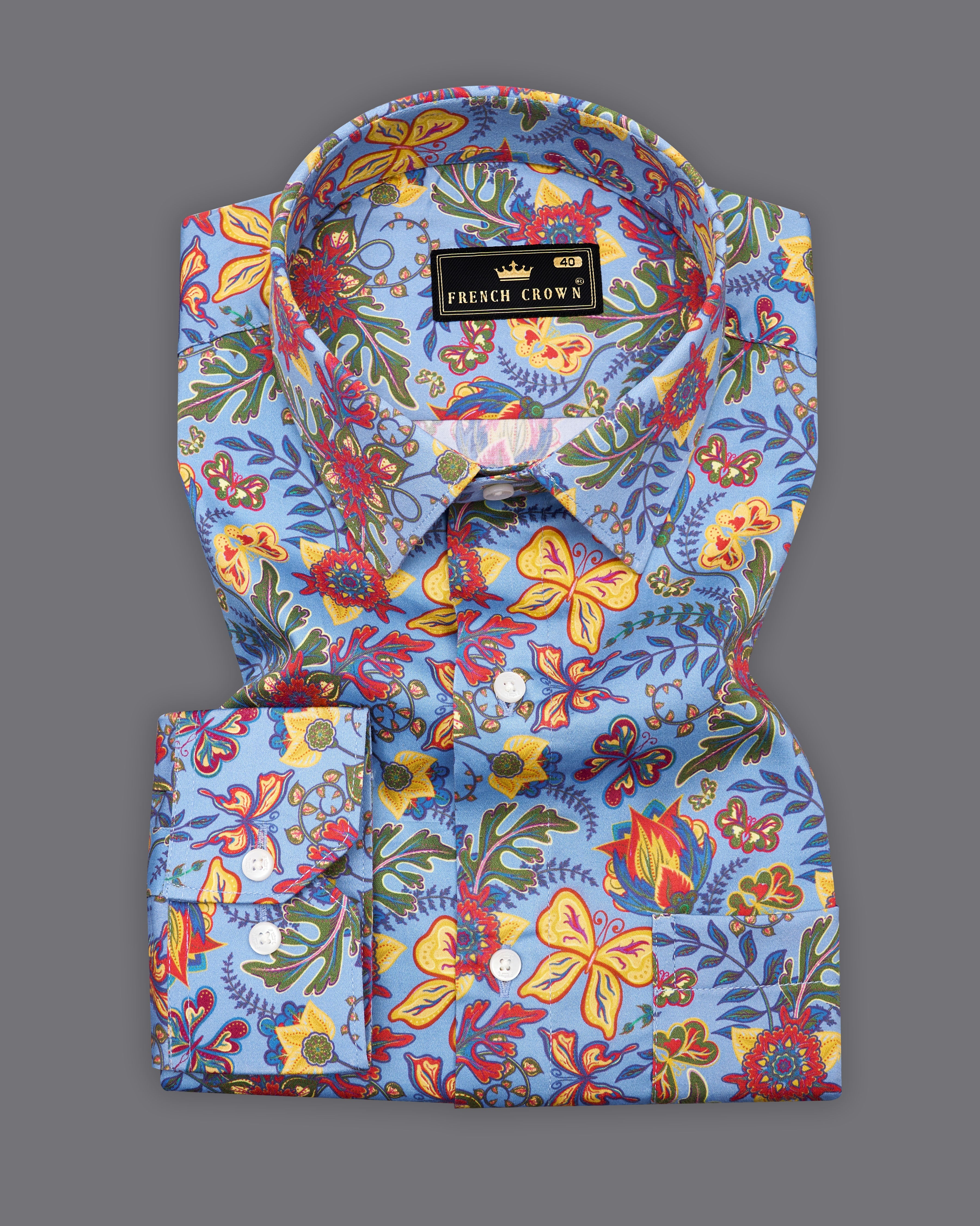 Neptune Blue with Saffron Multicolour Floral Printed Super Soft Premium Cotton Shirt 9406-38, 9406-H-38, 9406-39, 9406-H-39, 9406-40, 9406-H-40, 9406-42, 9406-H-42, 9406-44, 9406-H-44, 9406-46, 9406-H-46, 9406-48, 9406-H-48, 9406-50, 9406-H-50, 9406-52, 9406-H-52