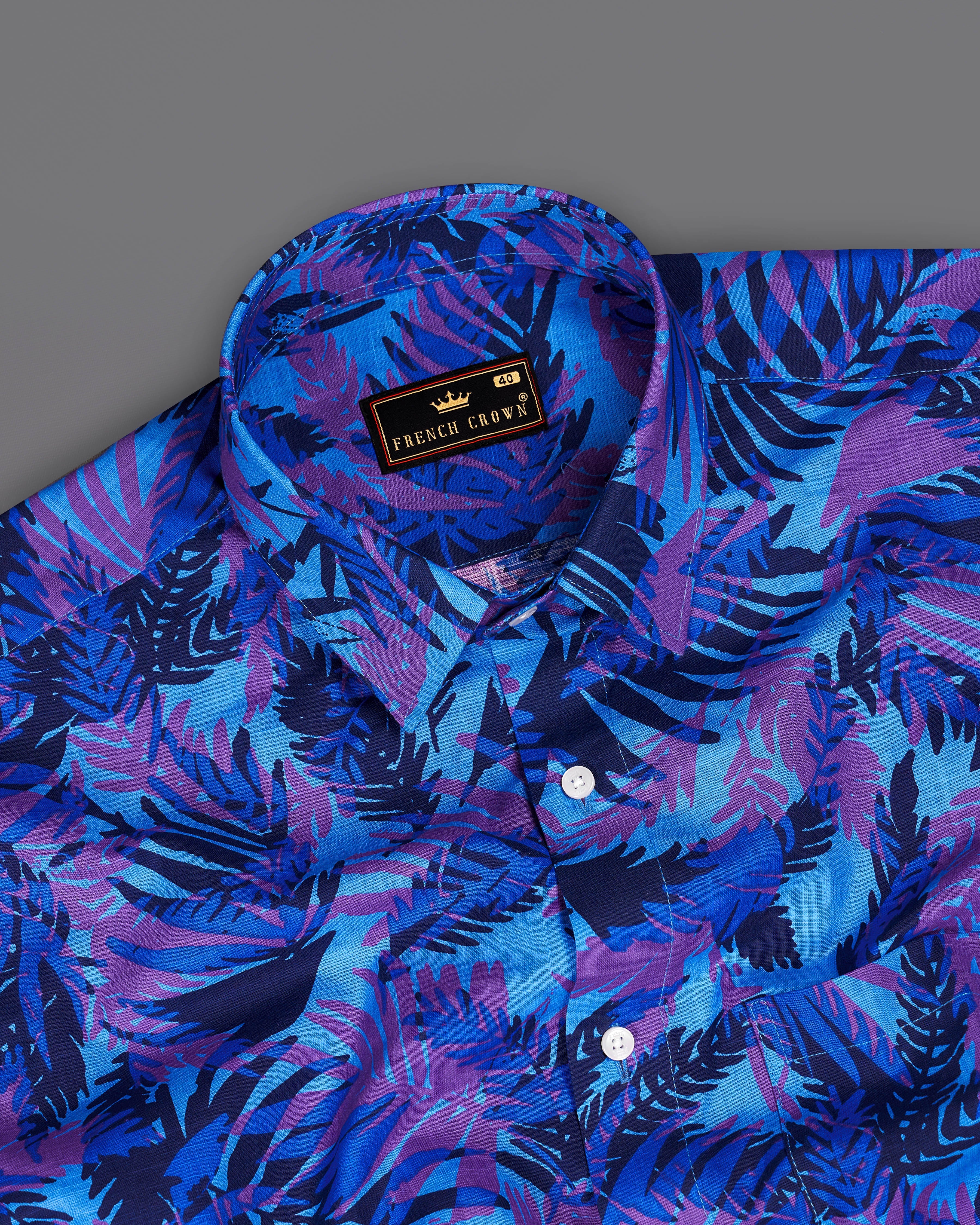 Crystal Blue with Fuchsia Purple Leaves Printed Premium Cotton Shirt 9408-38, 9408-H-38, 9408-39, 9408-H-39, 9408-40, 9408-H-40, 9408-42, 9408-H-42, 9408-44, 9408-H-44, 9408-46, 9408-H-46, 9408-48, 9408-H-48, 9408-50, 9408-H-50, 9408-52, 9408-H-52