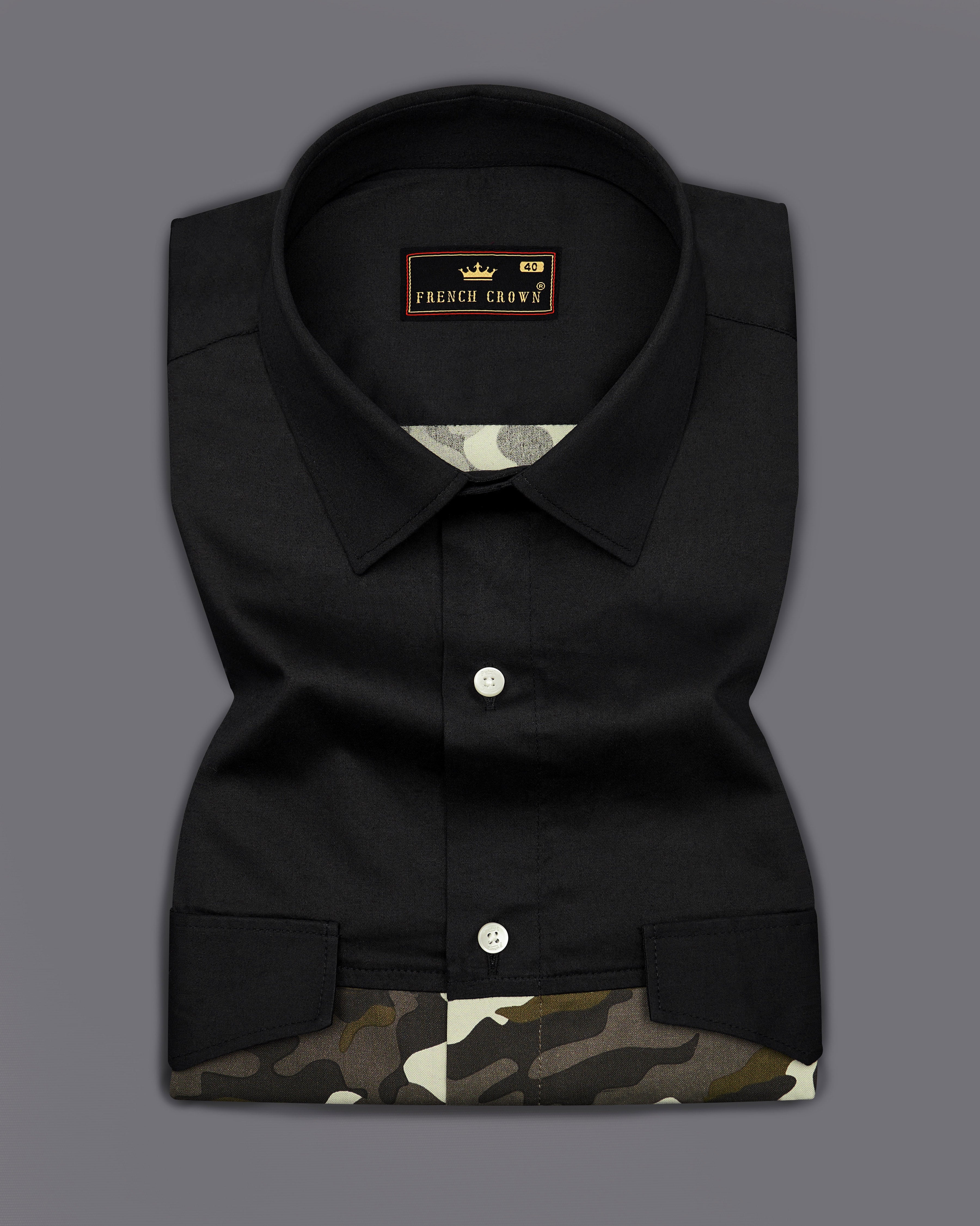 Jade Black with Birch Brown and Eggshell Cream Camouflage Royal Oxford Half Sleeves Designer Shirt