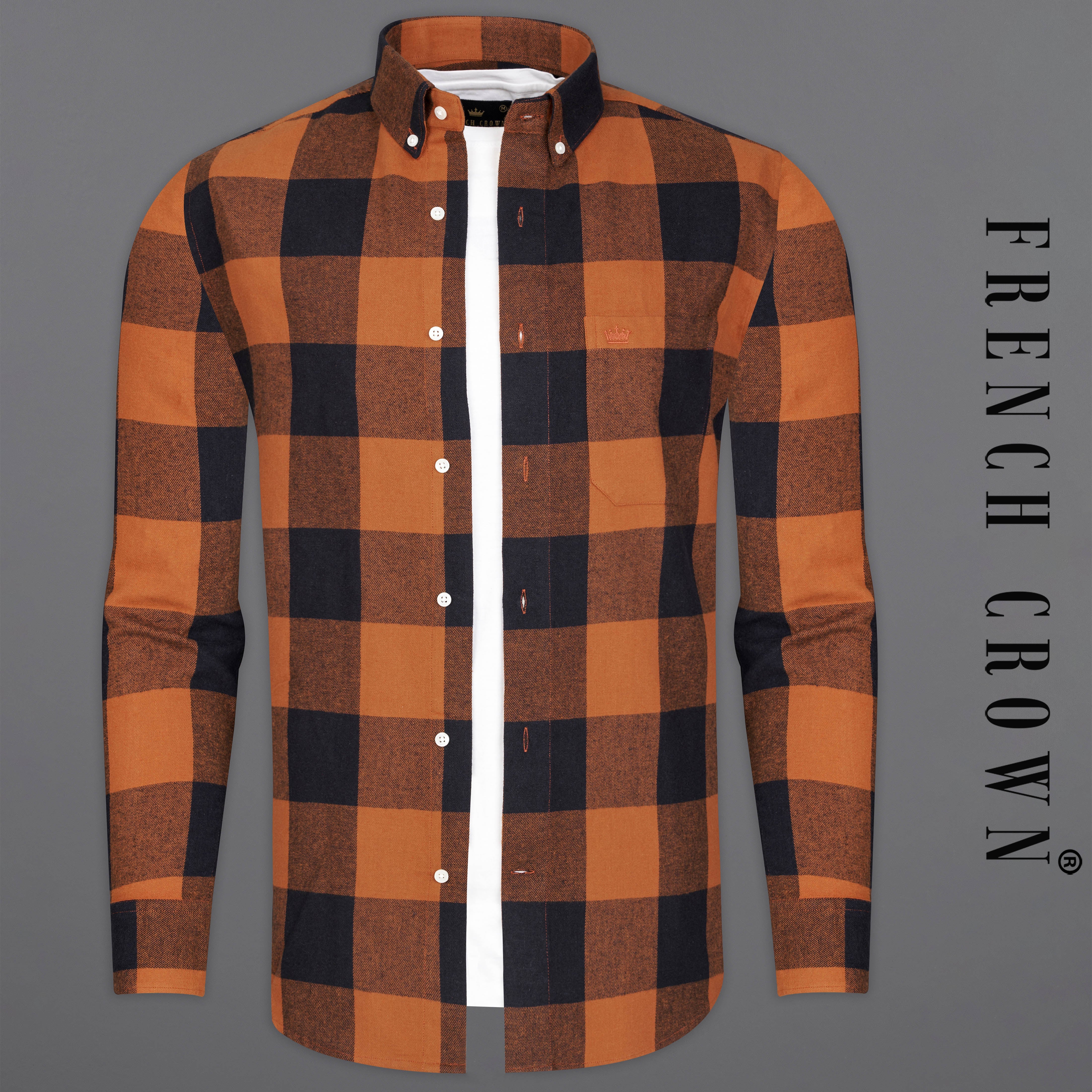 Sepia Orange Casual Checks-Plaid Premium Cotton Button-Down