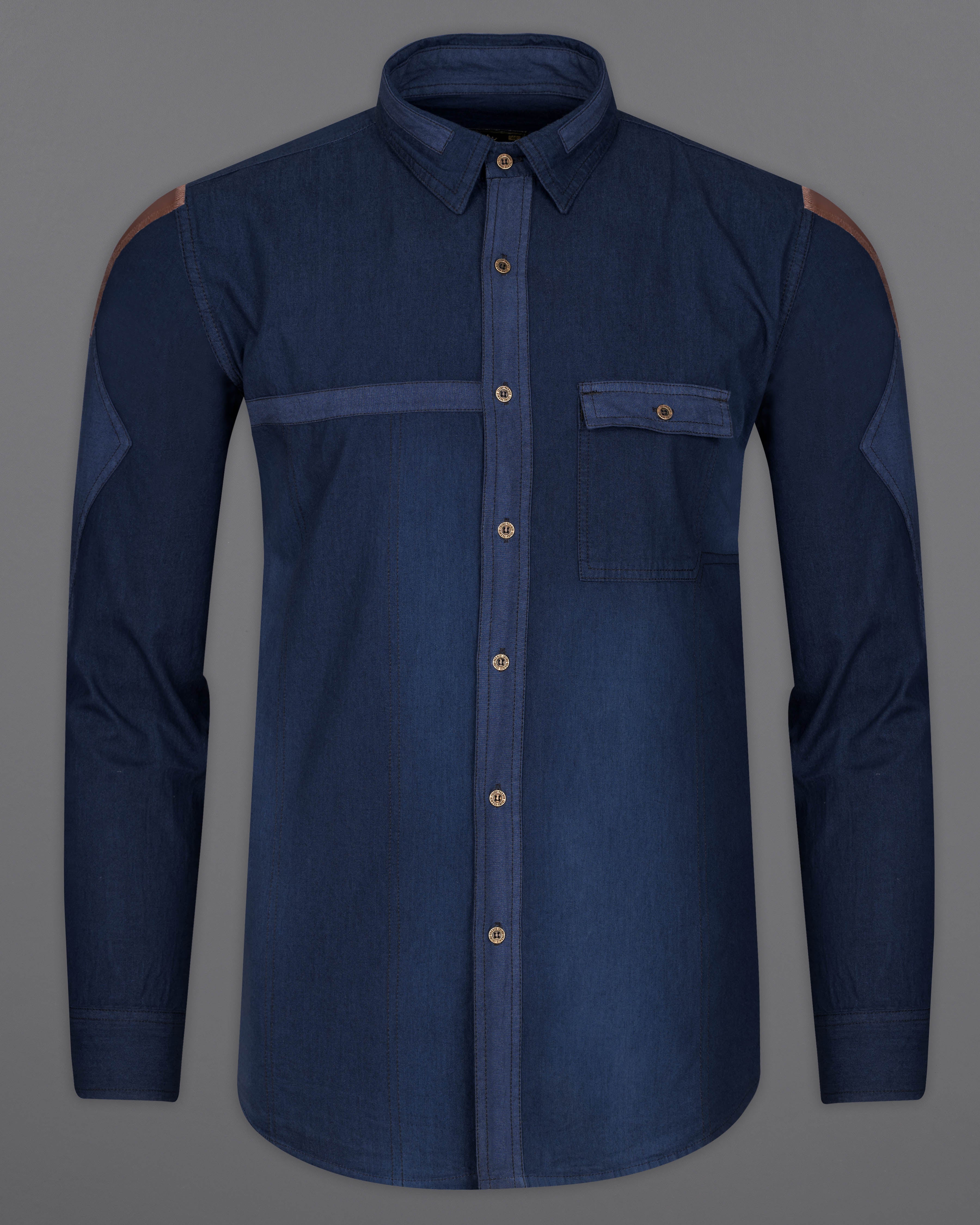 Mirage Blue Chambray Textured Designer Overshirt with Brown Patchwork 9467-MB-38, 9467-MB-H-38, 9467-MB-39, 9467-MB-H-39, 9467-MB-40, 9467-MB-H-40, 9467-MB-42, 9467-MB-H-42, 9467-MB-44, 9467-MB-H-44, 9467-MB-46, 9467-MB-H-46, 9467-MB-48, 9467-MB-H-48, 9467-MB-50, 9467-MB-H-50, 9467-MB-52, 9467-MB-H-52