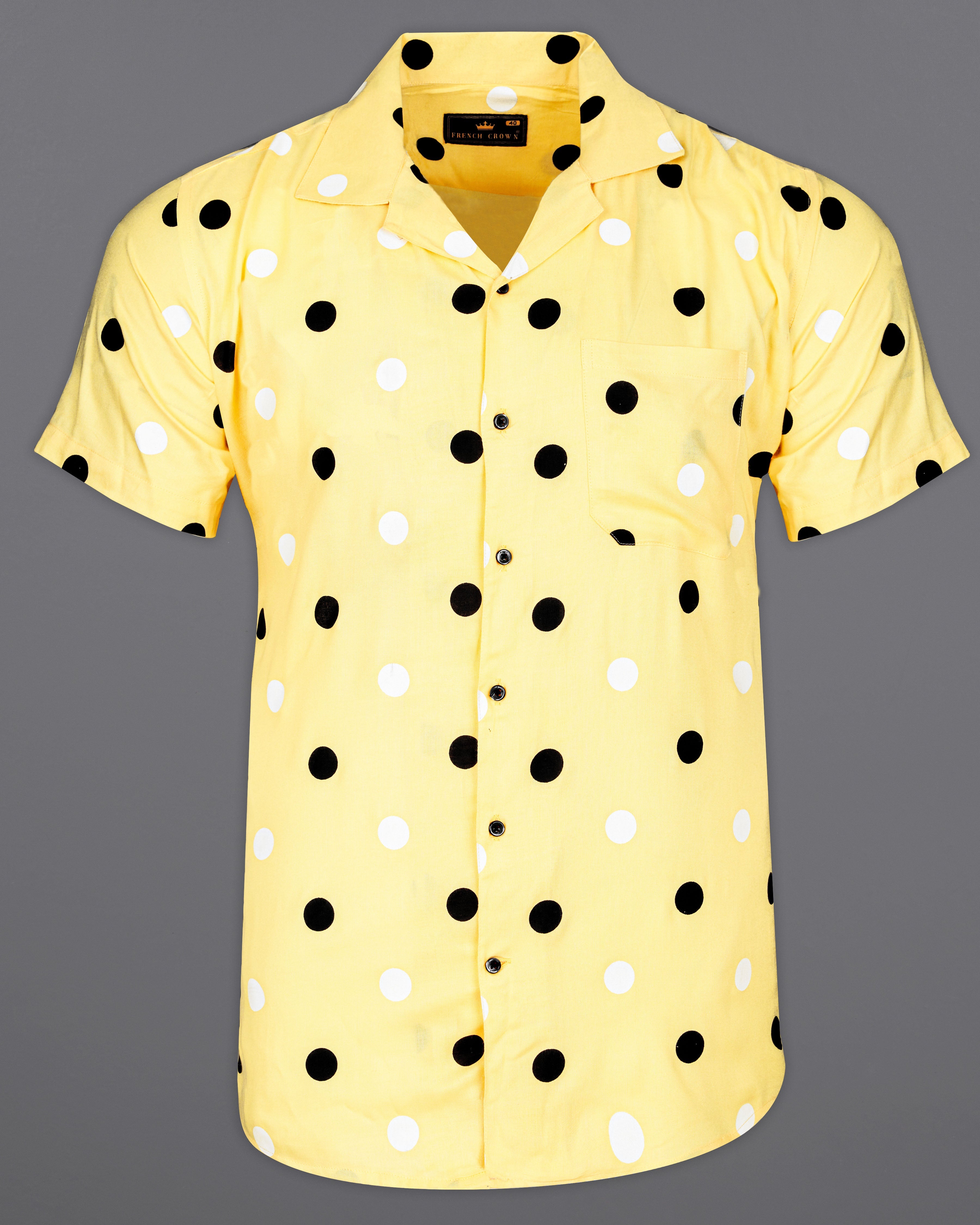 Colonial Yellow with Polka Dotted Half Sleeved Premium Tencel Shirt 9512-CC-BLK-SS-38, 9512-CC-BLK-SS-H-38, 9512-CC-BLK-SS-39, 9512-CC-BLK-SS-H-39, 9512-CC-BLK-SS-40, 9512-CC-BLK-SS-H-40, 9512-CC-BLK-SS-42, 9512-CC-BLK-SS-H-42, 9512-CC-BLK-SS-44, 9512-CC-BLK-SS-H-44, 9512-CC-BLK-SS-46, 9512-CC-BLK-SS-H-46, 9512-CC-BLK-SS-48, 9512-CC-BLK-SS-H-48, 9512-CC-BLK-SS-50, 9512-CC-BLK-SS-H-50, 9512-CC-BLK-SS-52, 9512-CC-BLK-SS-H-52