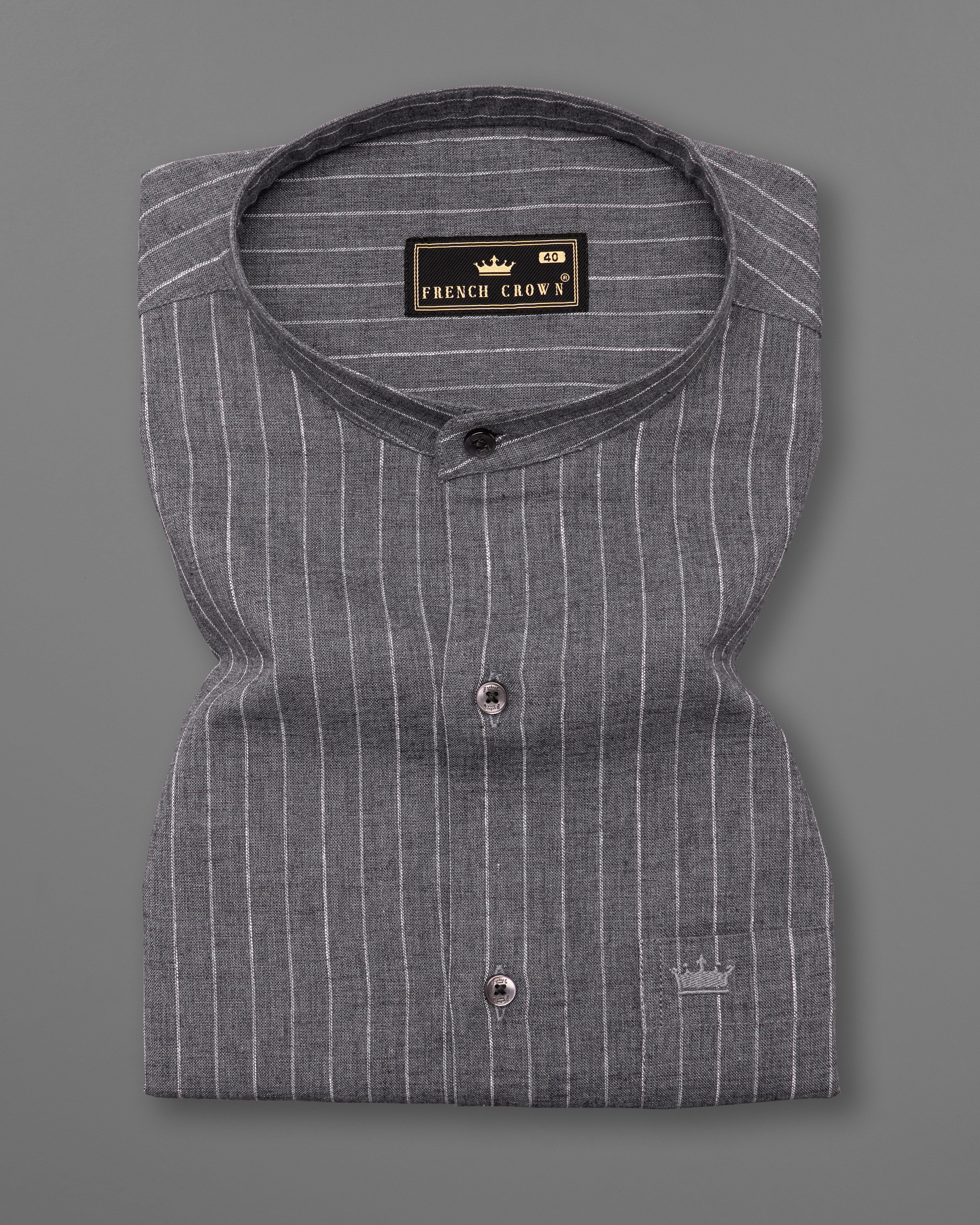 Vampire Gray with White Striped Luxurious Linen Half Slavees Shirt 9641-M-BLK-SS-H-38, 9641-M-BLK-SS-H-39, 9641-M-BLK-SS-H-40, 9641-M-BLK-SS-H-42, 9641-M-BLK-SS-H-44, 9641-M-BLK-SS-H-46, 9641-M-BLK-SS-H-48, 9641-M-BLK-SS-H-50, 9641-M-BLK-SS-H-52