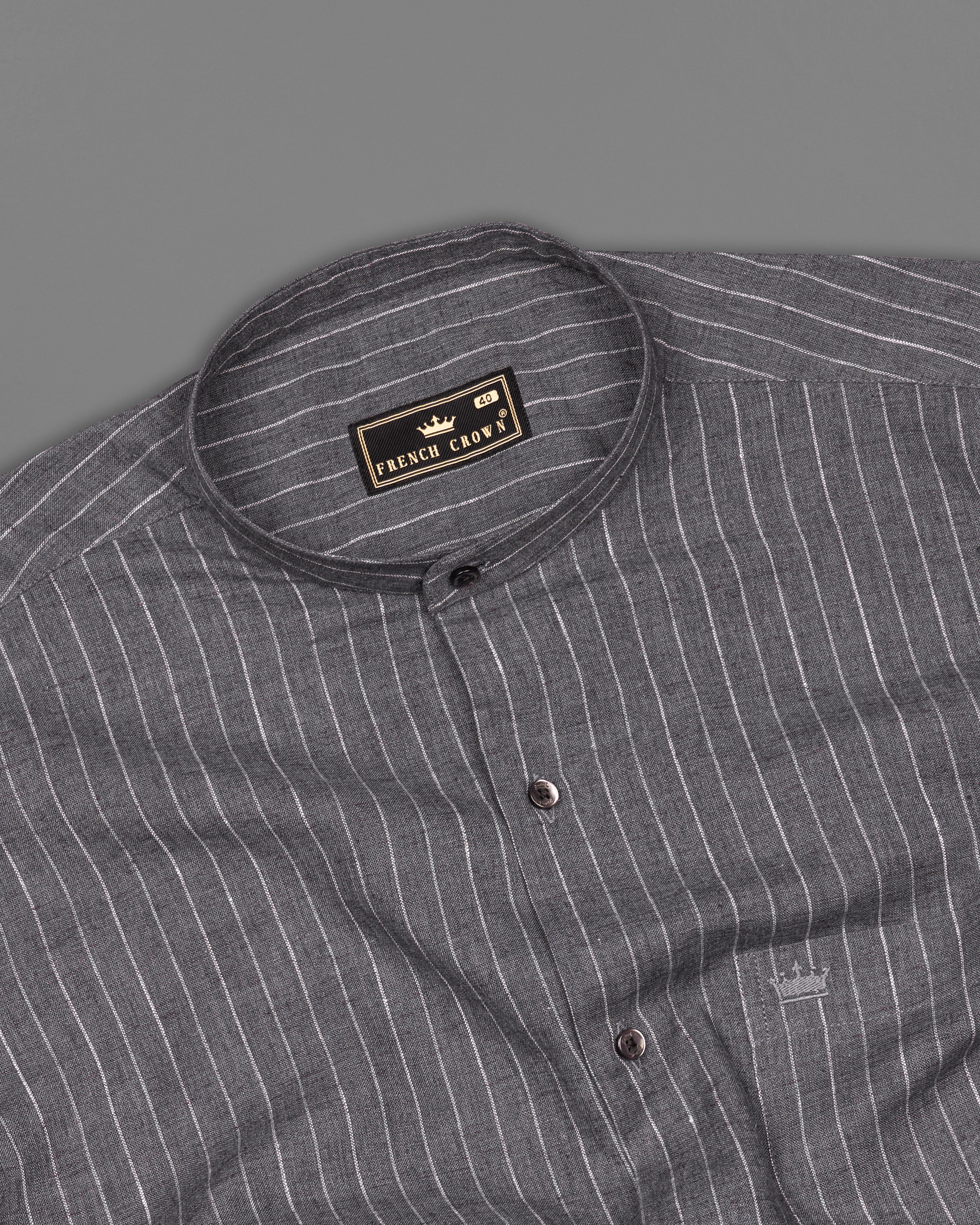 Vampire Gray with White Striped Luxurious Linen Half Slavees Shirt 9641-M-BLK-SS-H-38, 9641-M-BLK-SS-H-39, 9641-M-BLK-SS-H-40, 9641-M-BLK-SS-H-42, 9641-M-BLK-SS-H-44, 9641-M-BLK-SS-H-46, 9641-M-BLK-SS-H-48, 9641-M-BLK-SS-H-50, 9641-M-BLK-SS-H-52