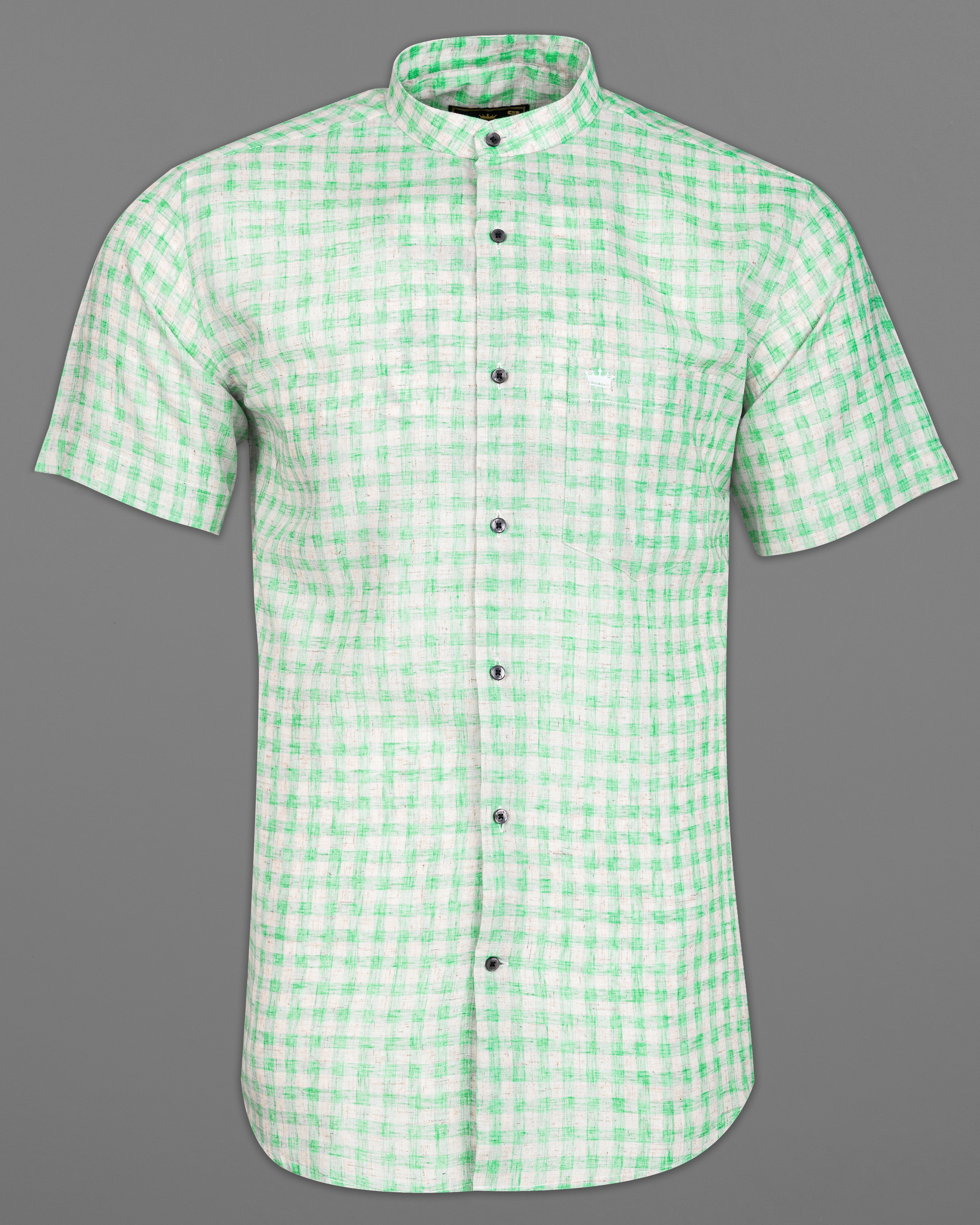 Turquoise Green with Mercury Gray Checkered Luxurious Linen Half Slavees Shirt 9644-M-BLK-SS-H-38, 9644-M-BLK-SS-H-39, 9644-M-BLK-SS-H-40, 9644-M-BLK-SS-H-42, 9644-M-BLK-SS-H-44, 9644-M-BLK-SS-H-46, 9644-M-BLK-SS-H-48, 9644-M-BLK-SS-H-50, 9644-M-BLK-SS-H-52