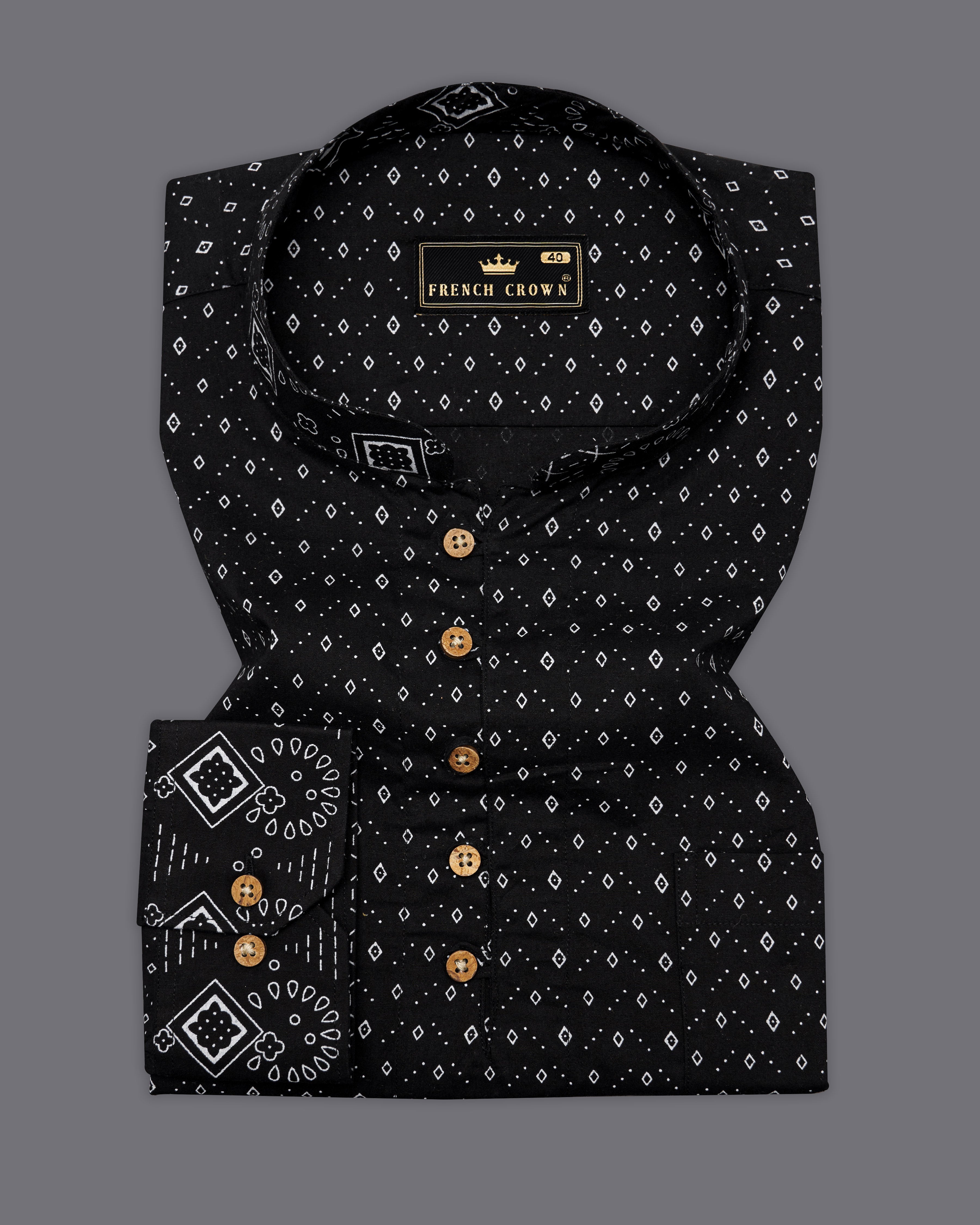 Jade Black Prints Premium Cotton Indian Kurta Style Shirt For Men