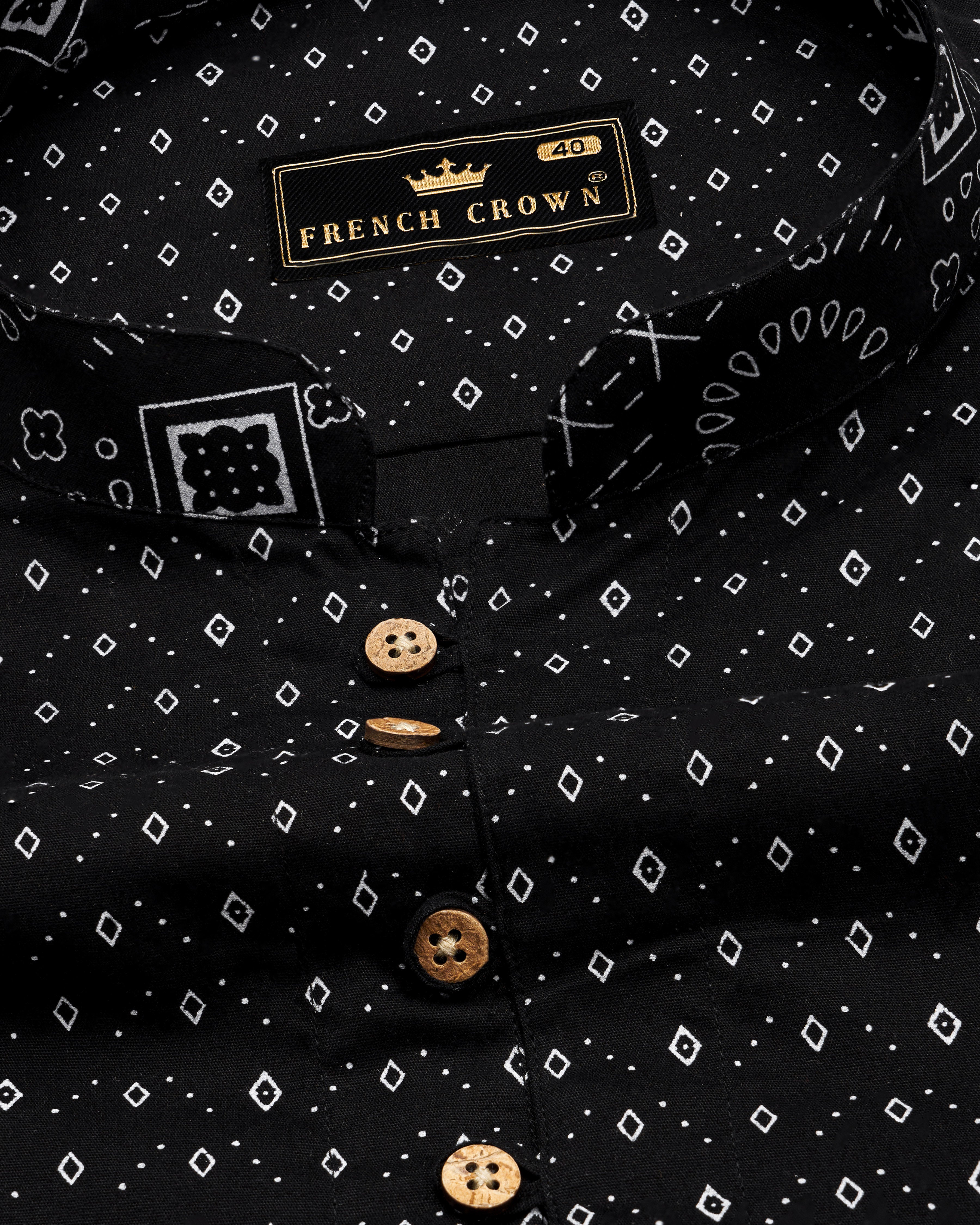 Jade Black Prints Premium Cotton Indian Kurta Style Shirt For Men