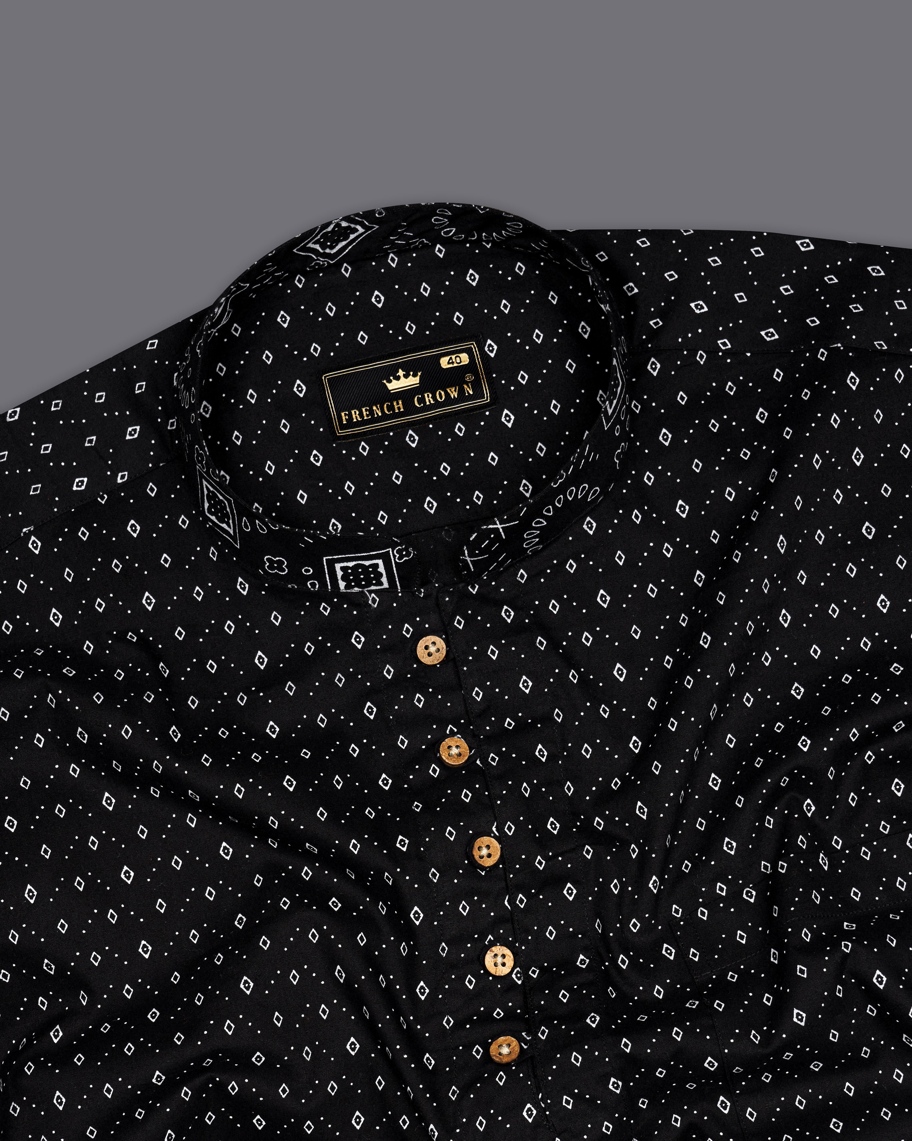 Jade Black Prints Premium Cotton Indian Kurta Style Shirt For Men