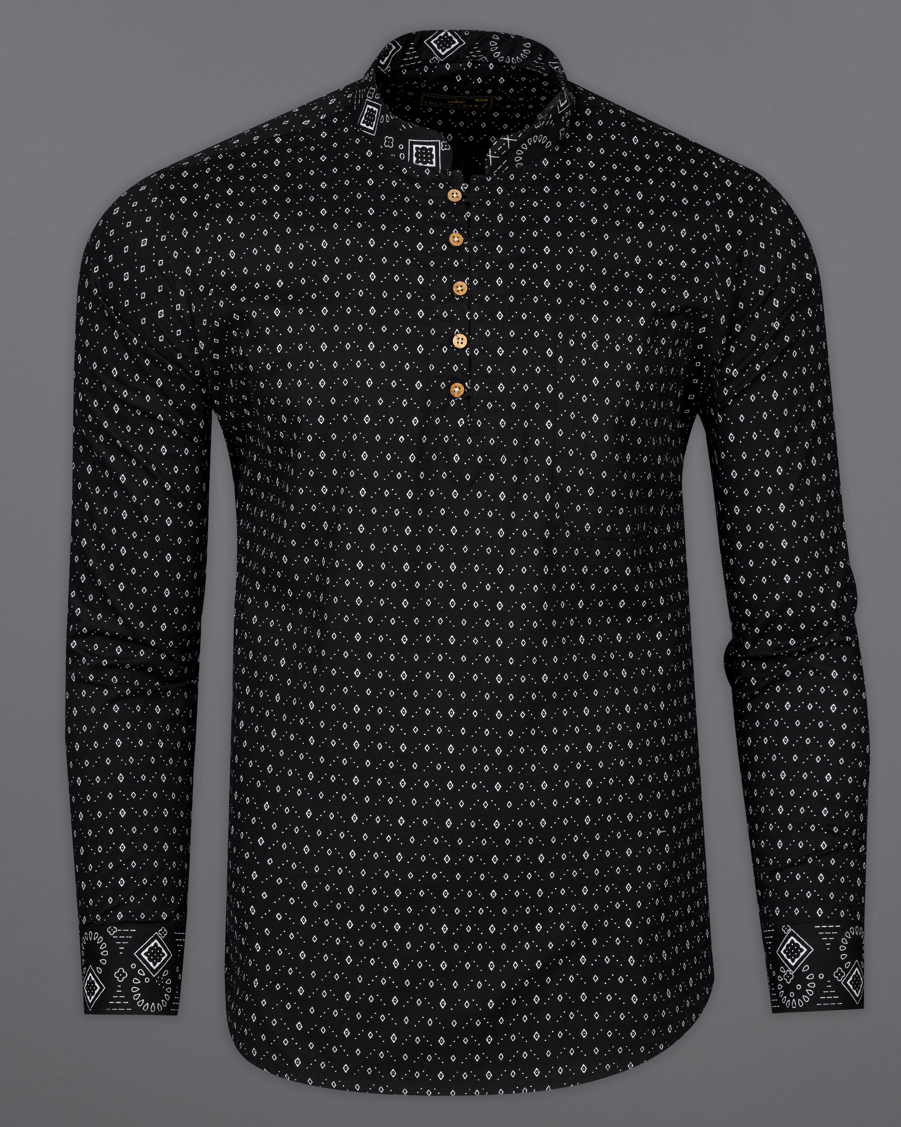 Jade Black Prints Premium Cotton Indian Kurta Style Shirt For Men