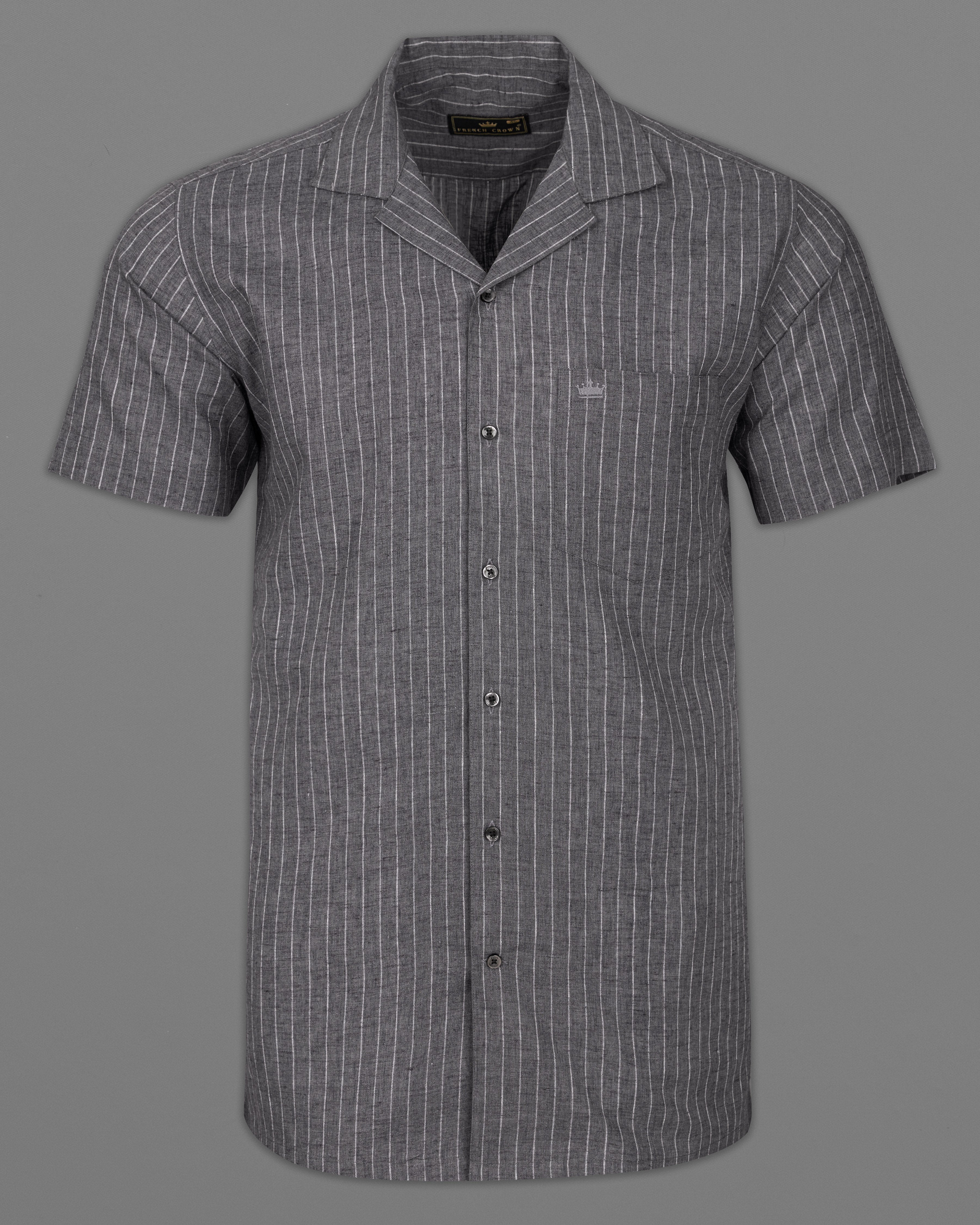 Vampire Gray with White Striped Luxurious Linen Half Sleeved Shirt 9696-CC-BLK-SS-38, 9696-CC-BLK-SS-39, 9696-CC-BLK-SS-40, 9696-CC-BLK-SS-42, 9696-CC-BLK-SS-44, 9696-CC-BLK-SS-46, 9696-CC-BLK-SS-48, 9696-CC-BLK-SS-50, 9696-CC-BLK-SS-52