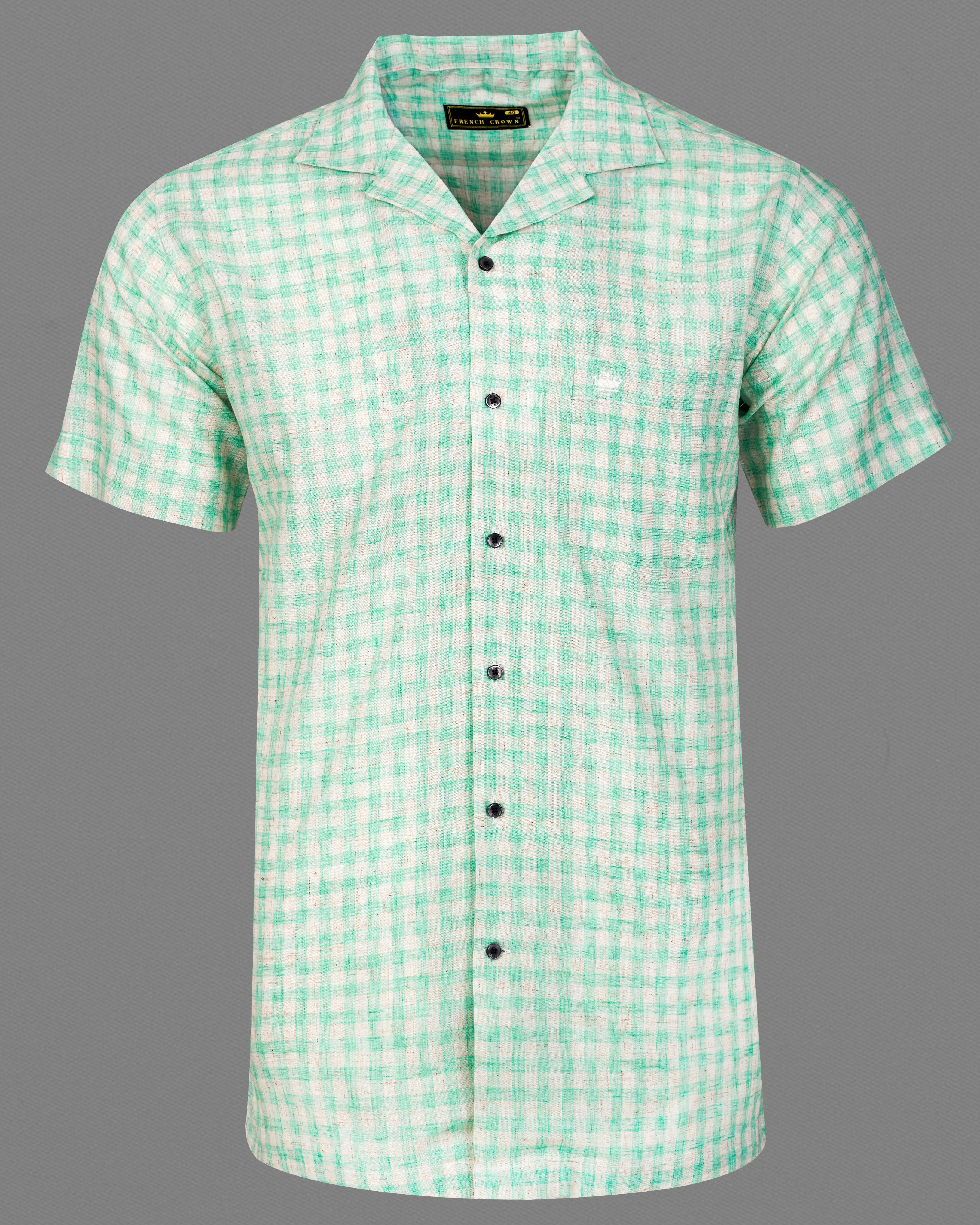 Turquoise Green and Mercury Gray Checkered Half-Sleeved Luxurious Linen Shirt 9699-CC-BLK-SS-38, 9699-CC-BLK-SS-39, 9699-CC-BLK-SS-40, 9699-CC-BLK-SS-42, 9699-CC-BLK-SS-44, 9699-CC-BLK-SS-46, 9699-CC-BLK-SS-48, 9699-CC-BLK-SS-50, 9699-CC-BLK-SS-52