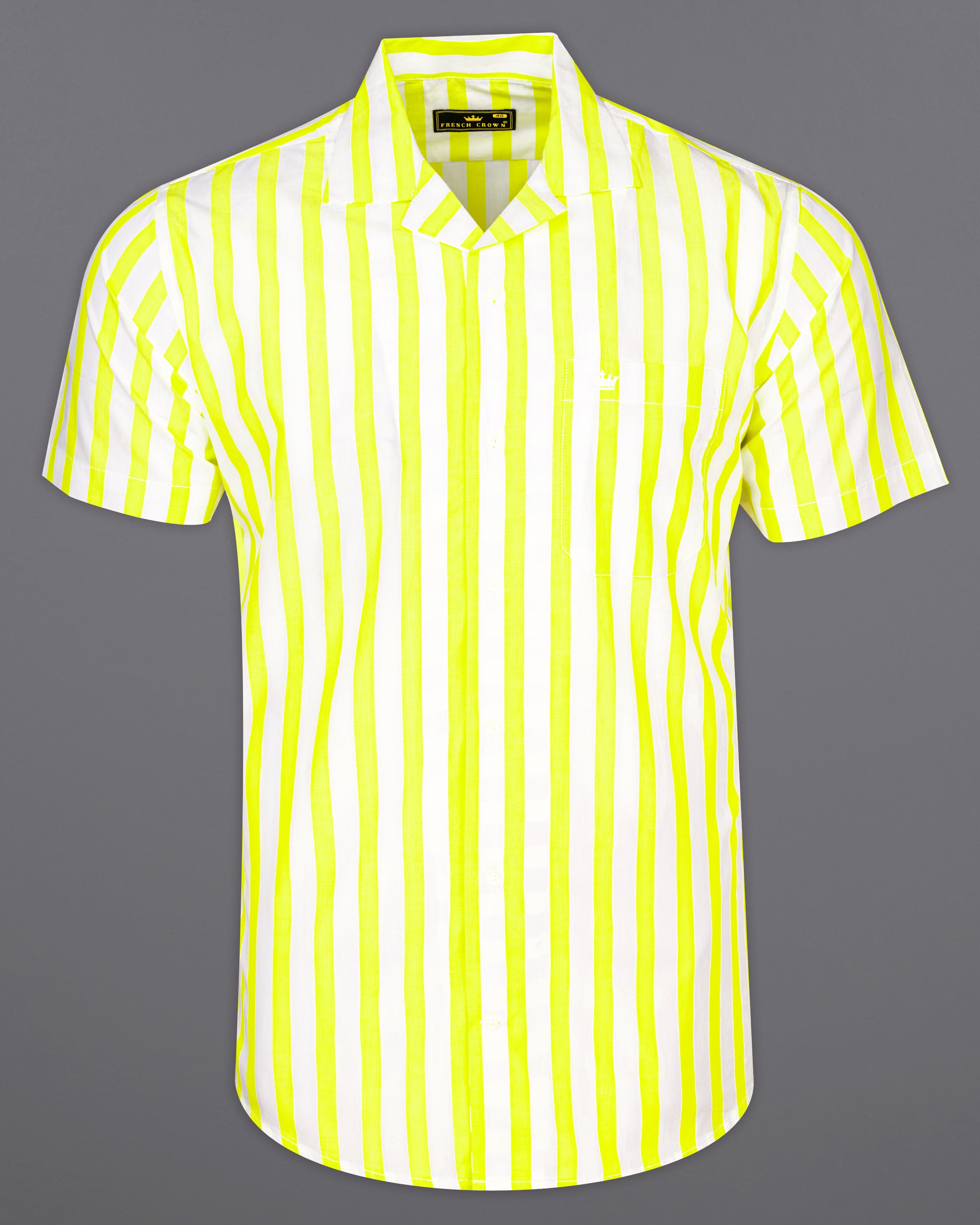 Custard Neon Yellow with White Striped Half-Sleeved Premium Cotton Shirt 9717-CC-SS-38, 9717-CC-SS-39, 9717-CC-SS-40, 9717-CC-SS-42, 9717-CC-SS-44, 9717-CC-SS-46, 9717-CC-SS-48, 9717-CC-SS-50, 9717-CC-SS-52