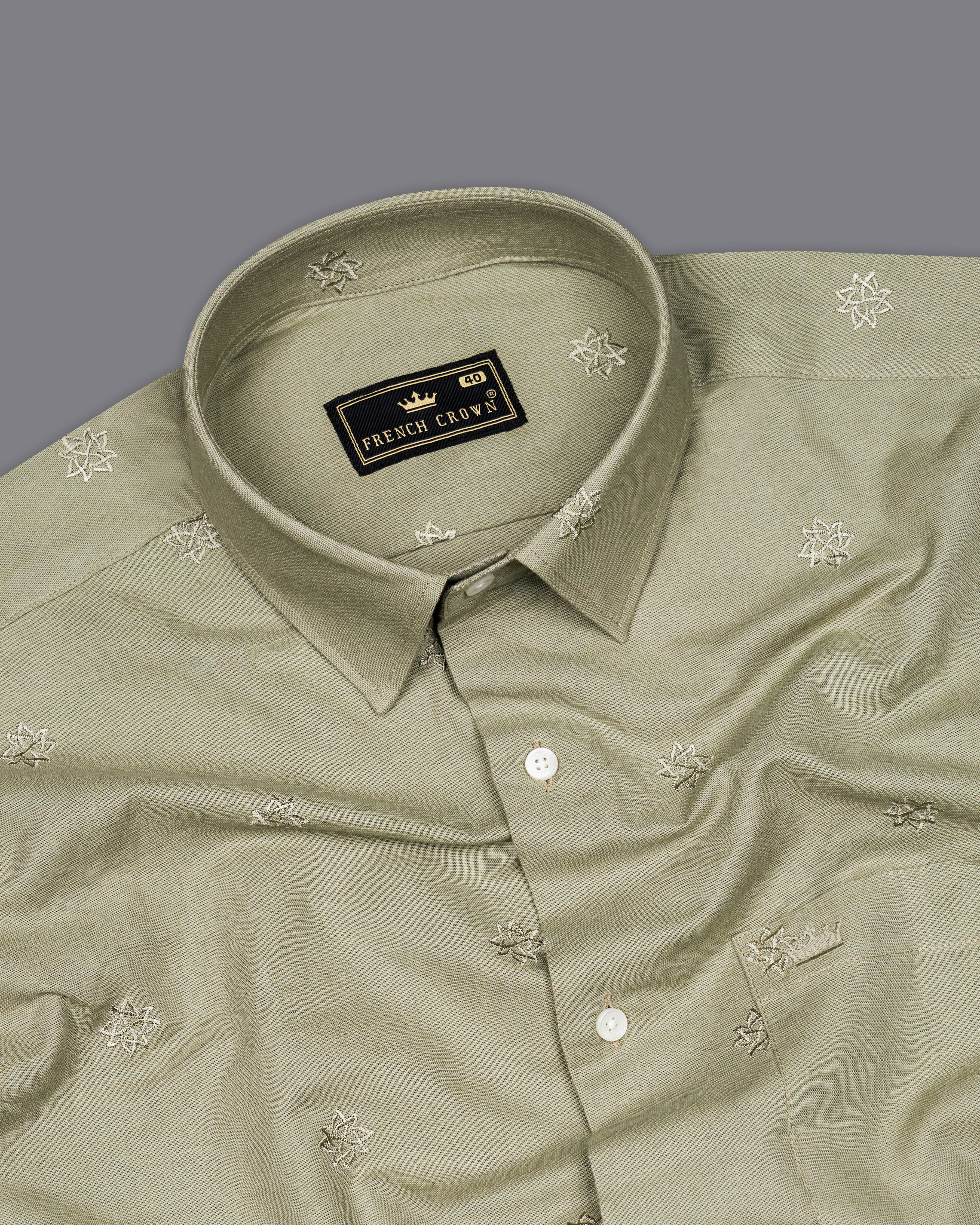 Taupe Green Embroidered Luxurious Linen Shirt 9727-38, 9727-H-38, 9727-39, 9727-H-39, 9727-40, 9727-H-40, 9727-42, 9727-H-42, 9727-44, 9727-H-44, 9727-46, 9727-H-46, 9727-48, 9727-H-48, 9727-50, 9727-H-50, 9727-52, 9727-H-52