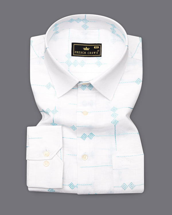 Bright White with Pelorous Blue Embroidered Textured Luxurious Linen Shirt 9763-38, 9763-H-38, 9763-39, 9763-H-39, 9763-40, 9763-H-40, 9763-42, 9763-H-42, 9763-44, 9763-H-44, 9763-46, 9763-H-46, 9763-48, 9763-H-48, 9763-50, 9763-H-50, 9763-52, 9763-H-52