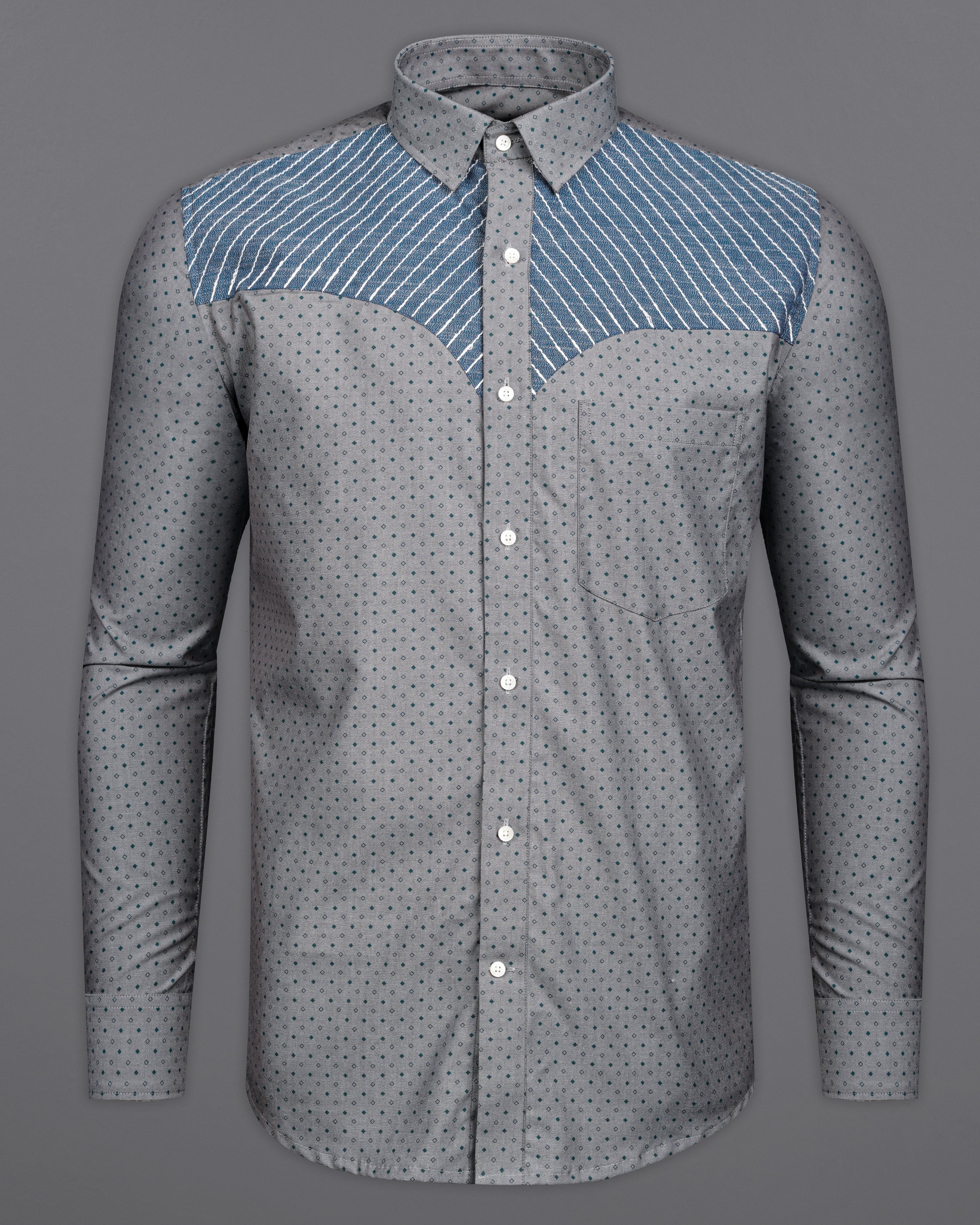 Mountain Gray with Plantation Blue Patchwork Premium Cotton Designer Shirt 9865-P318-38, 9865-P318-H-38, 9865-P318-39, 9865-P318-H-39, 9865-P318-40, 9865-P318-H-40, 9865-P318-42, 9865-P318-H-42, 9865-P318-44, 9865-P318-H-44, 9865-P318-46, 9865-P318-H-46, 9865-P318-48, 9865-P318-H-48, 9865-P318-50, 9865-P318-H-50, 9865-P318-52, 9865-P318-H-52