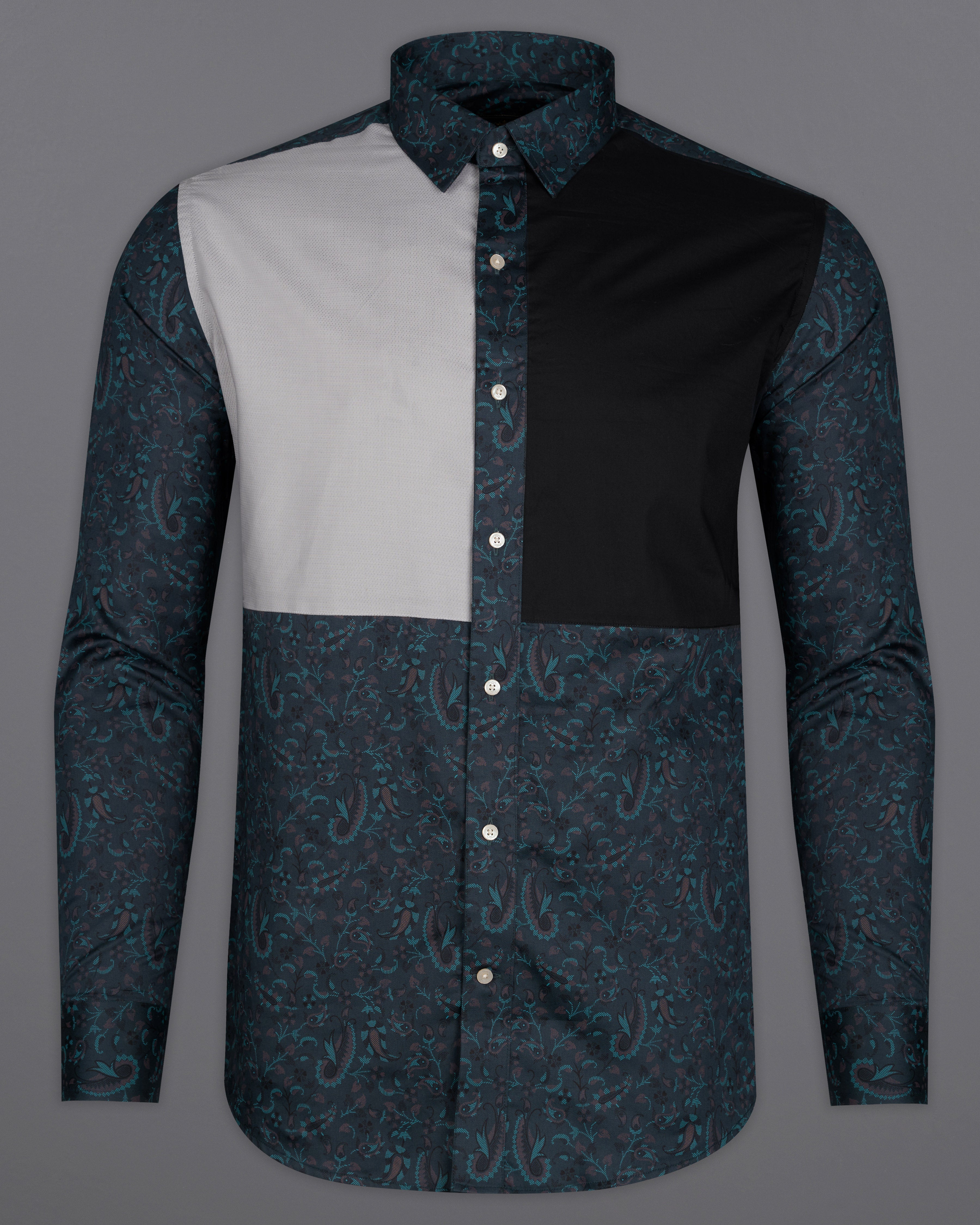Charade Green Paisley Printed with Nobel Gray and Black Patchwork Super Soft Premium Cotton Designer Shirt 9888-P235-38, 9888-P235-H-38, 9888-P235-39, 9888-P235-H-39, 9888-P235-40, 9888-P235-H-40, 9888-P235-42, 9888-P235-H-42, 9888-P235-44, 9888-P235-H-44, 9888-P235-46, 9888-P235-H-46, 9888-P235-48, 9888-P235-H-48, 9888-P235-50, 9888-P235-H-50, 9888-P235-52, 9888-P235-H-52