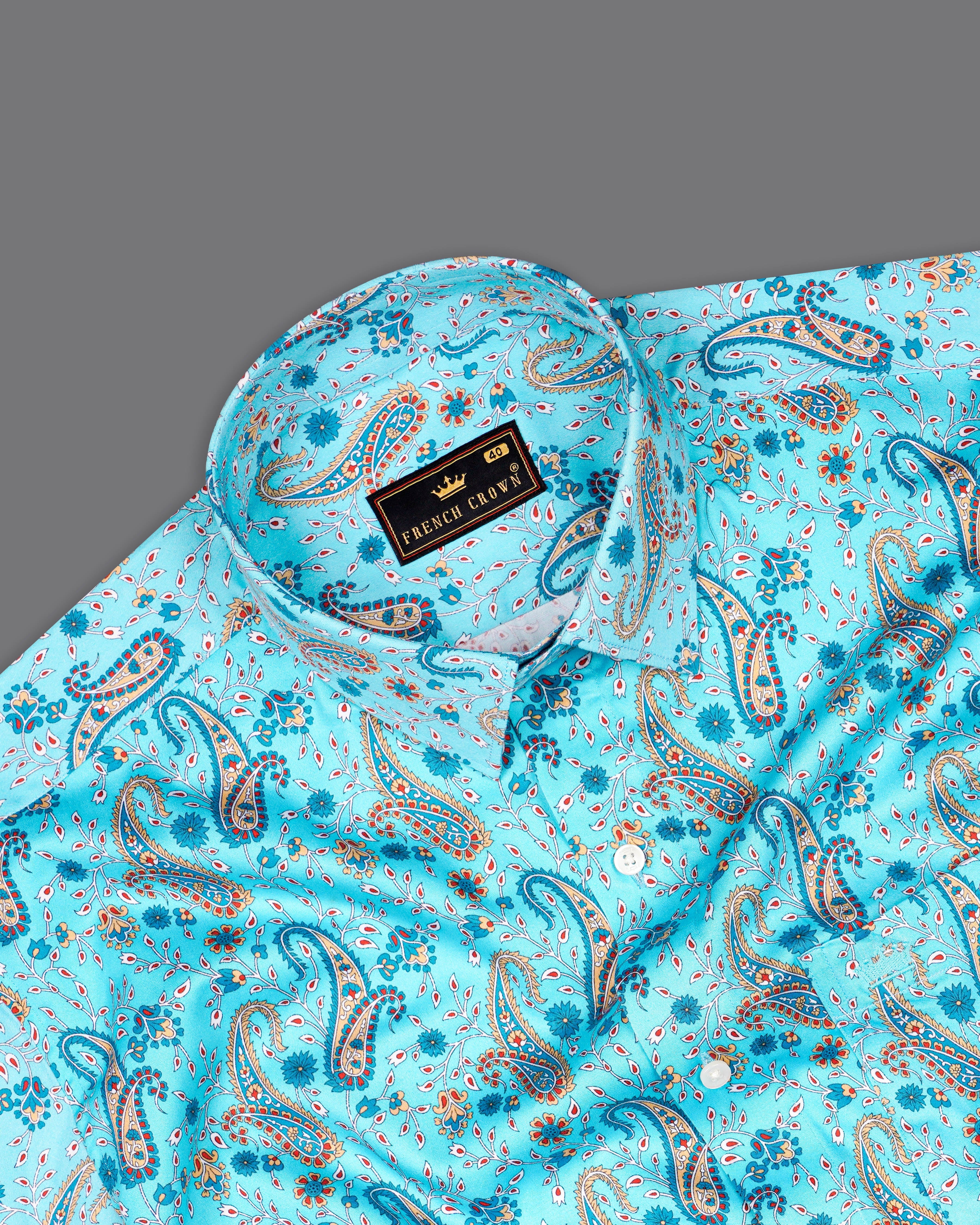 Tiffany Aqua Blue Paisley Printed Super Soft Premium Cotton Shirt 9890-38, 9890-H-38, 9890-39, 9890-H-39, 9890-40, 9890-H-40, 9890-42, 9890-H-42, 9890-44, 9890-H-44, 9890-46, 9890-H-46, 9890-48, 9890-H-48, 9890-50, 9890-H-50, 9890-52, 9890-H-52