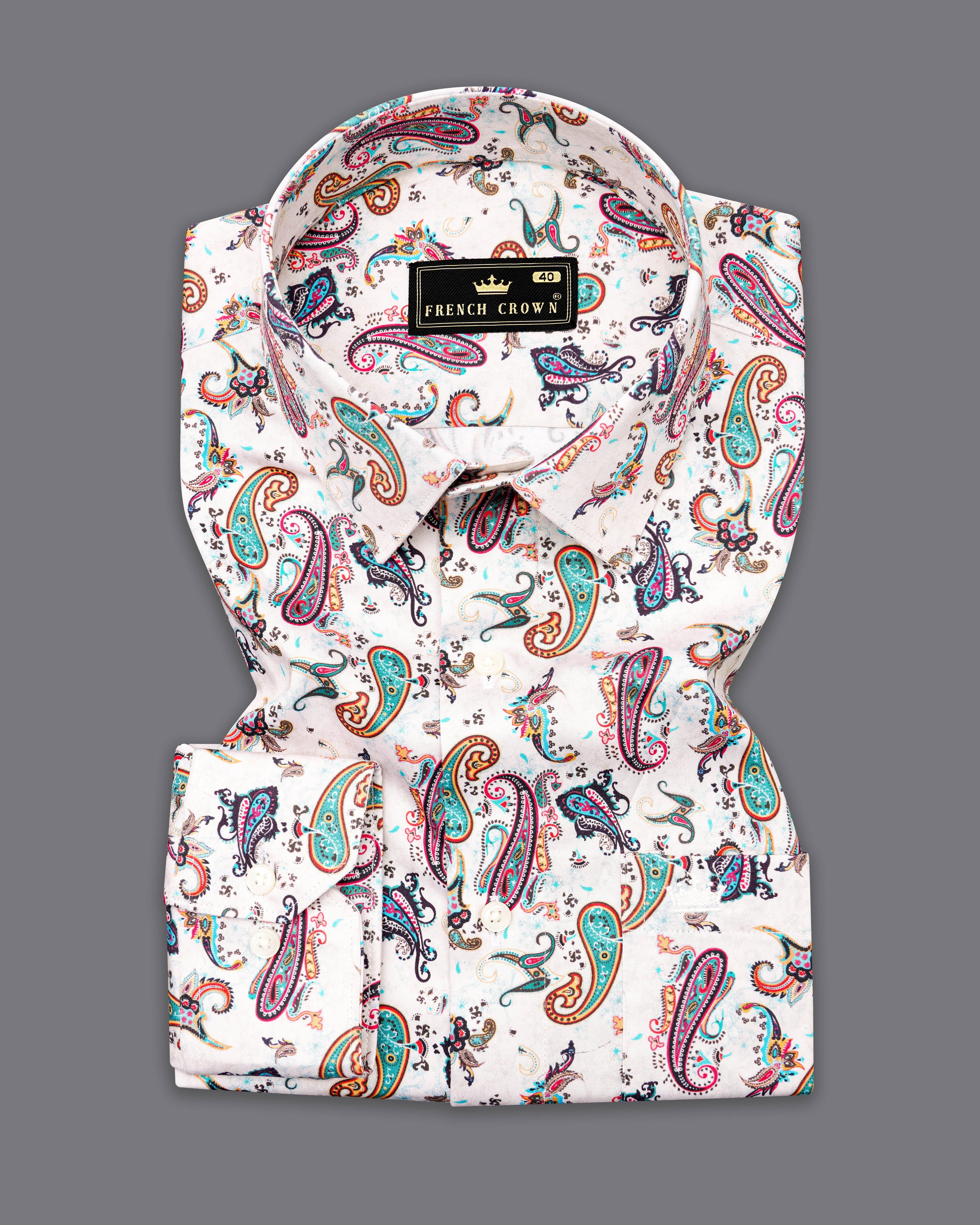 Porcelain Cream Multicolour Paisley Printed Super Soft Premium Cotton Shirt 9902-38, 9902-H-38, 9902-39, 9902-H-39, 9902-40, 9902-H-40, 9902-42, 9902-H-42, 9902-44, 9902-H-44, 9902-46, 9902-H-46, 9902-48, 9902-H-48, 9902-50, 9902-H-50, 9902-52, 9902-H-52