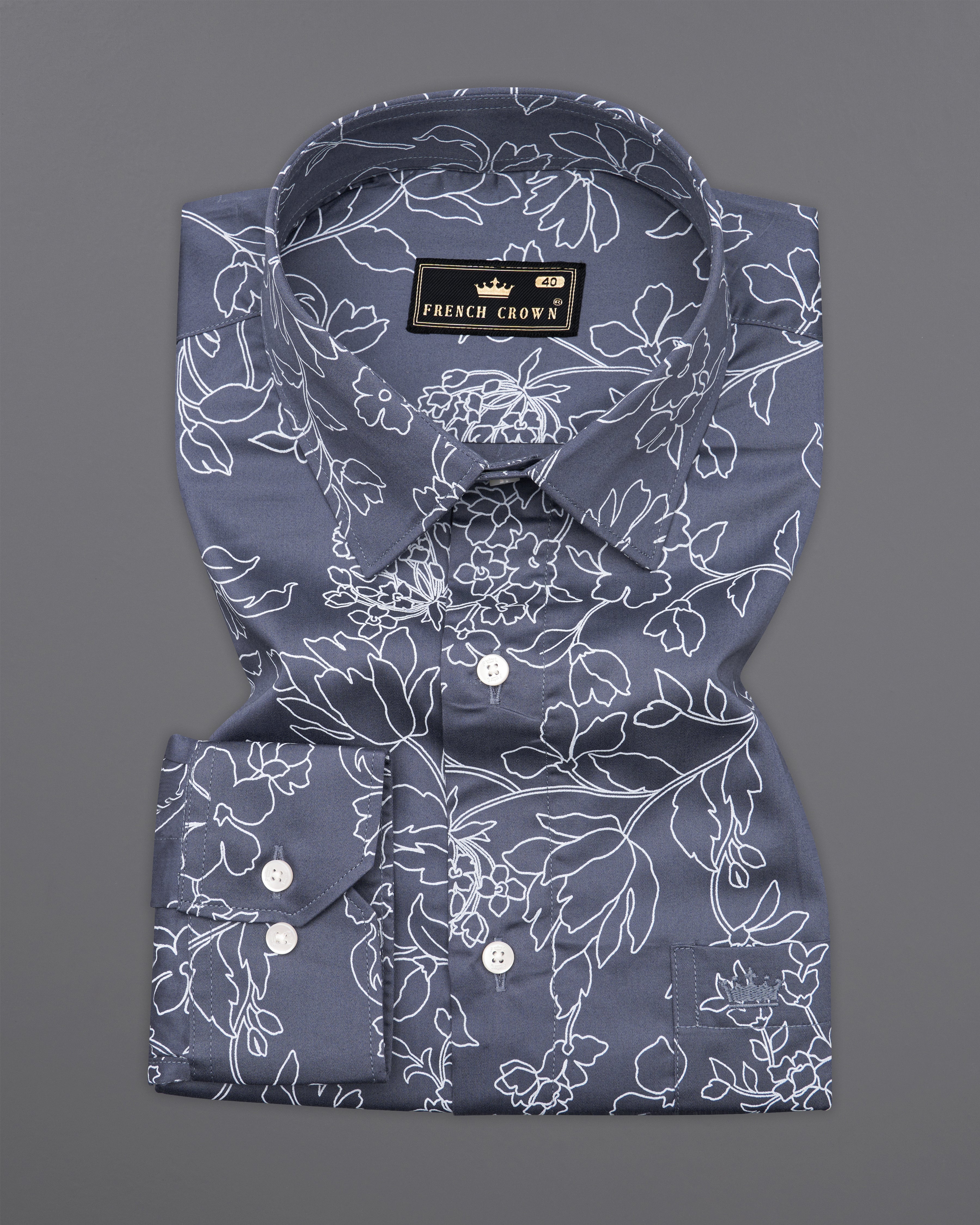 Mulled Wine Dark Gray and White Floral Printed Super Soft Premium Cotton Shirt 9952-38, 9952-H-38, 9952-39, 9952-H-39, 9952-40, 9952-H-40, 9952-42, 9952-H-42, 9952-44, 9952-H-44, 9952-46, 9952-H-46, 9952-48, 9952-H-48, 9952-50, 9952-H-50, 9952-52, 9952-H-52